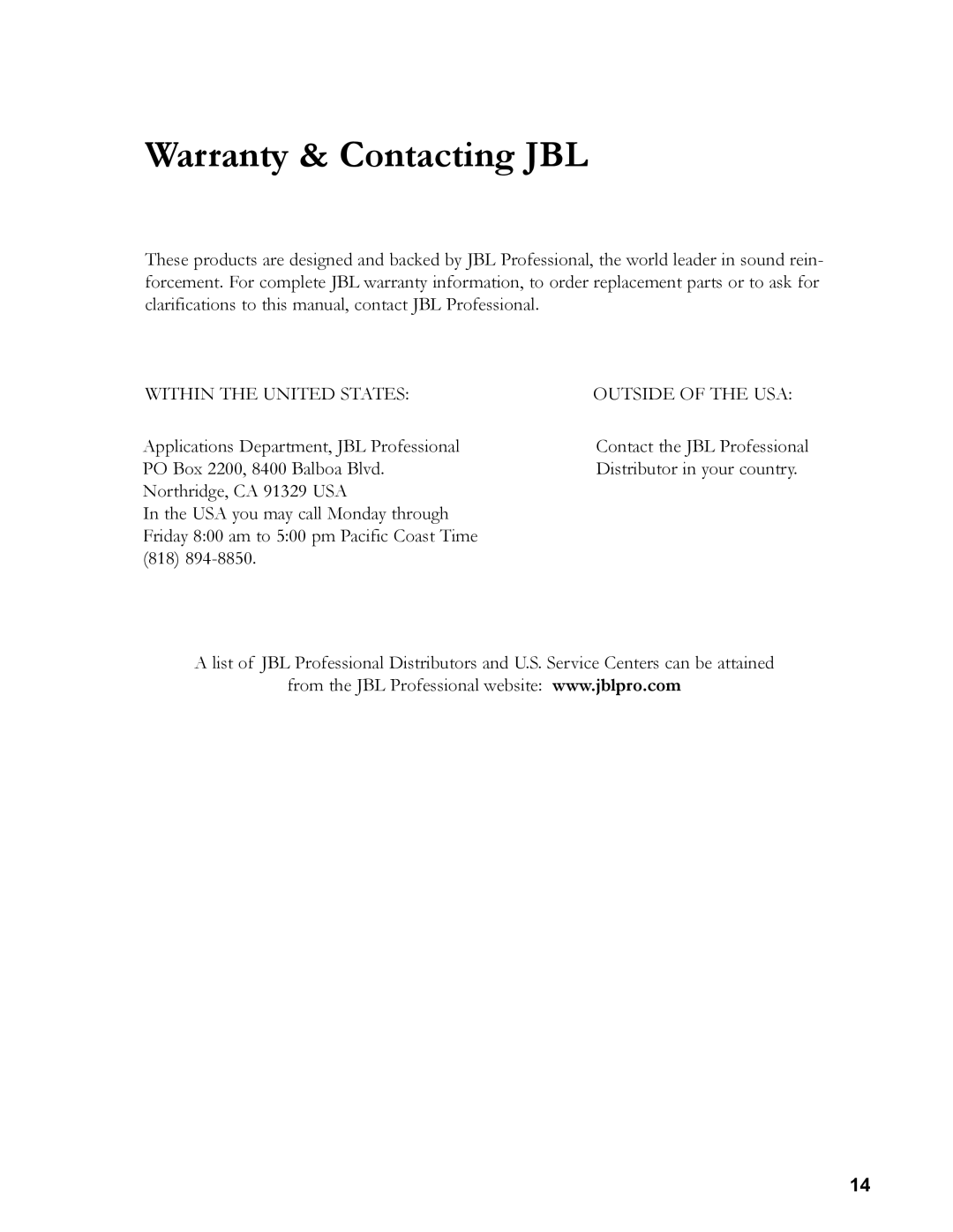 JBL 24C/CT owner manual Warranty & Contacting JBL, Within the United States Outside of the USA 