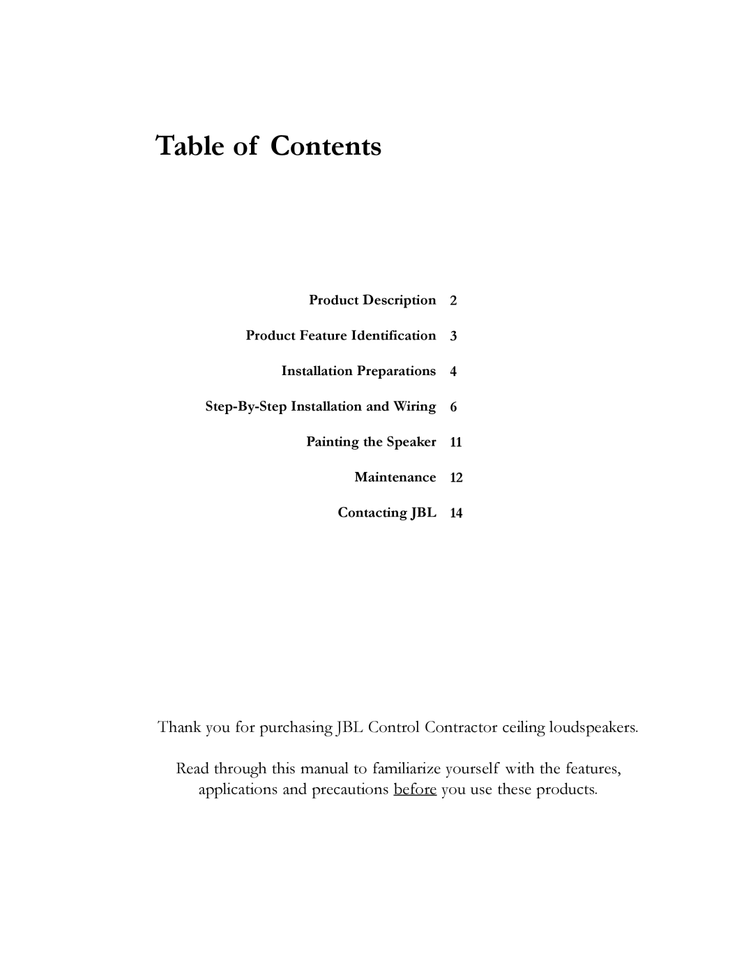 JBL 24C/CT owner manual Table of Contents 