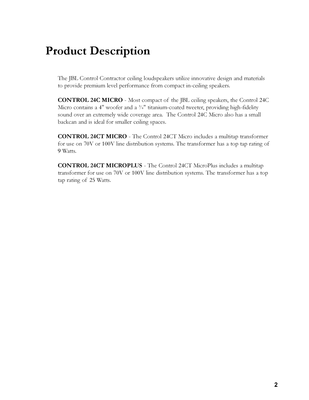 JBL 24C/CT owner manual Product Description 