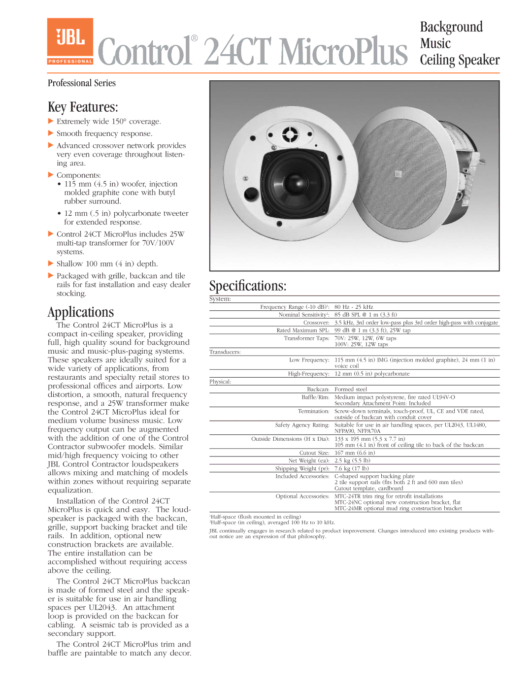 JBL 24CT specifications Background, Ceiling Speaker, Key Features, Speciﬁcations, Applications 