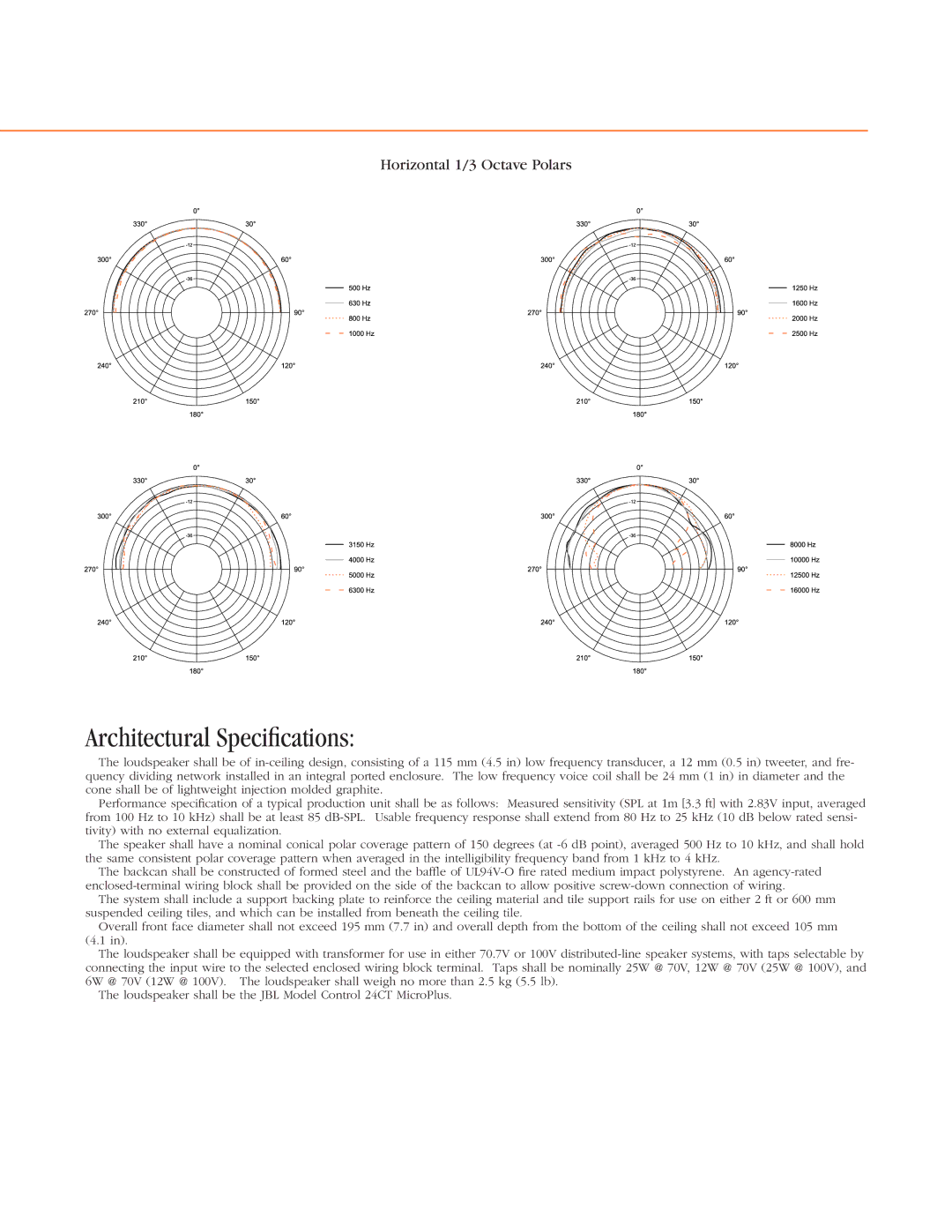 JBL 24CT specifications Architectural Speciﬁcations 