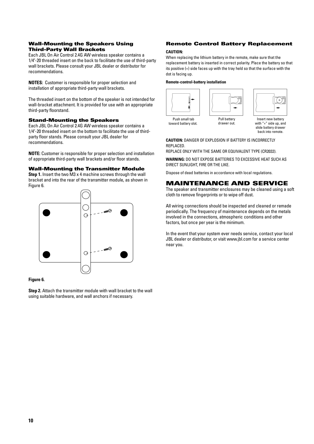 JBL 2.4G AW manual Maintenance and Service, Wall-Mounting the Speakers Using Third-Party Wall Brackets 