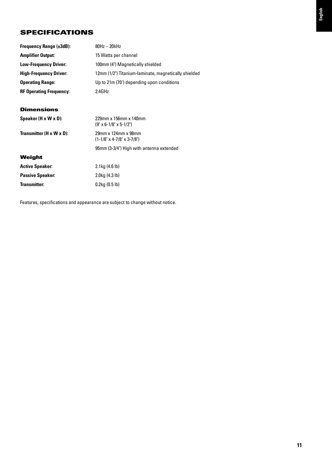 JBL 2.4G AW manual Specifications 