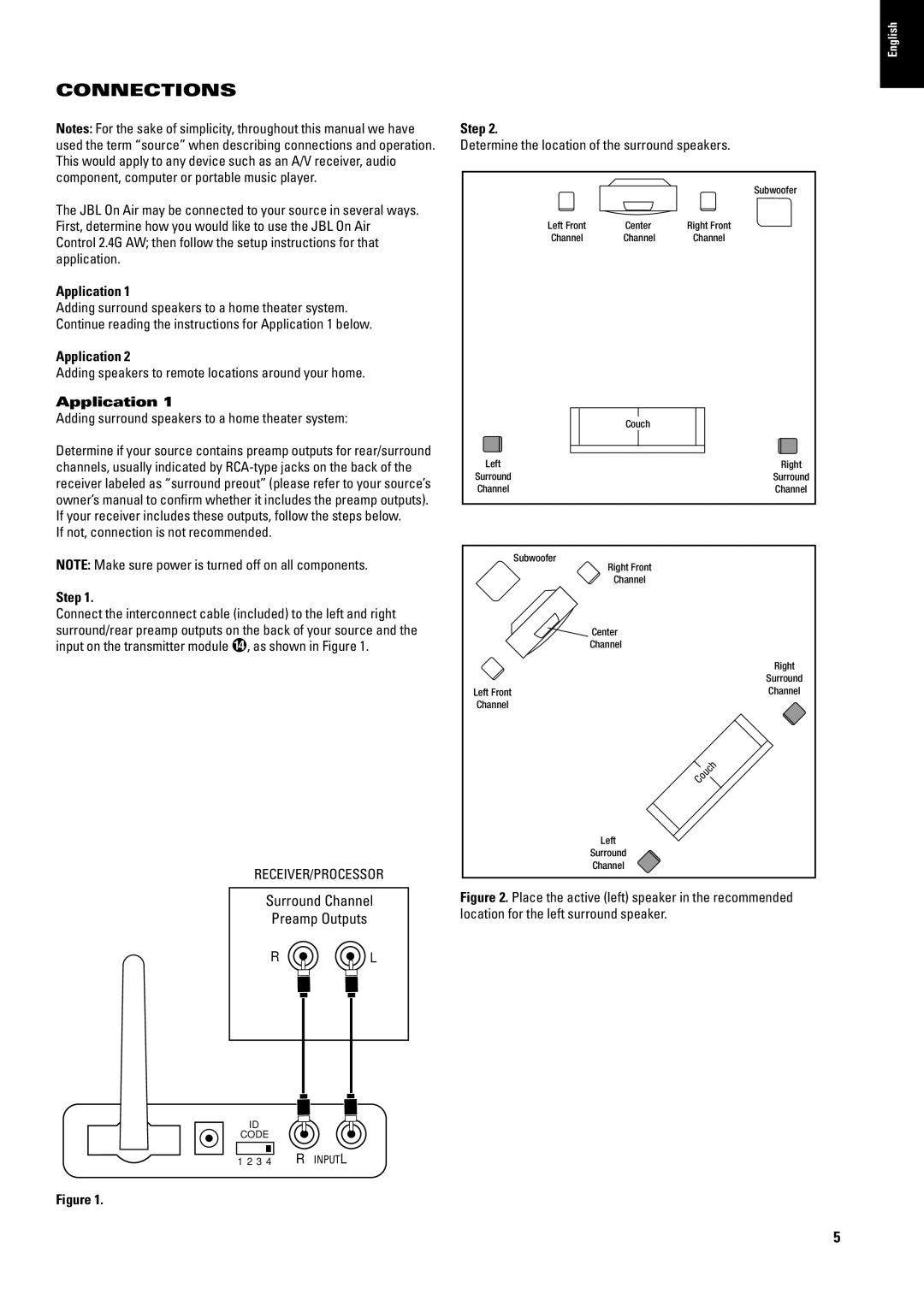 JBL 2.4G AW manual Connections, Application, Adding speakers to remote locations around your home, Step 