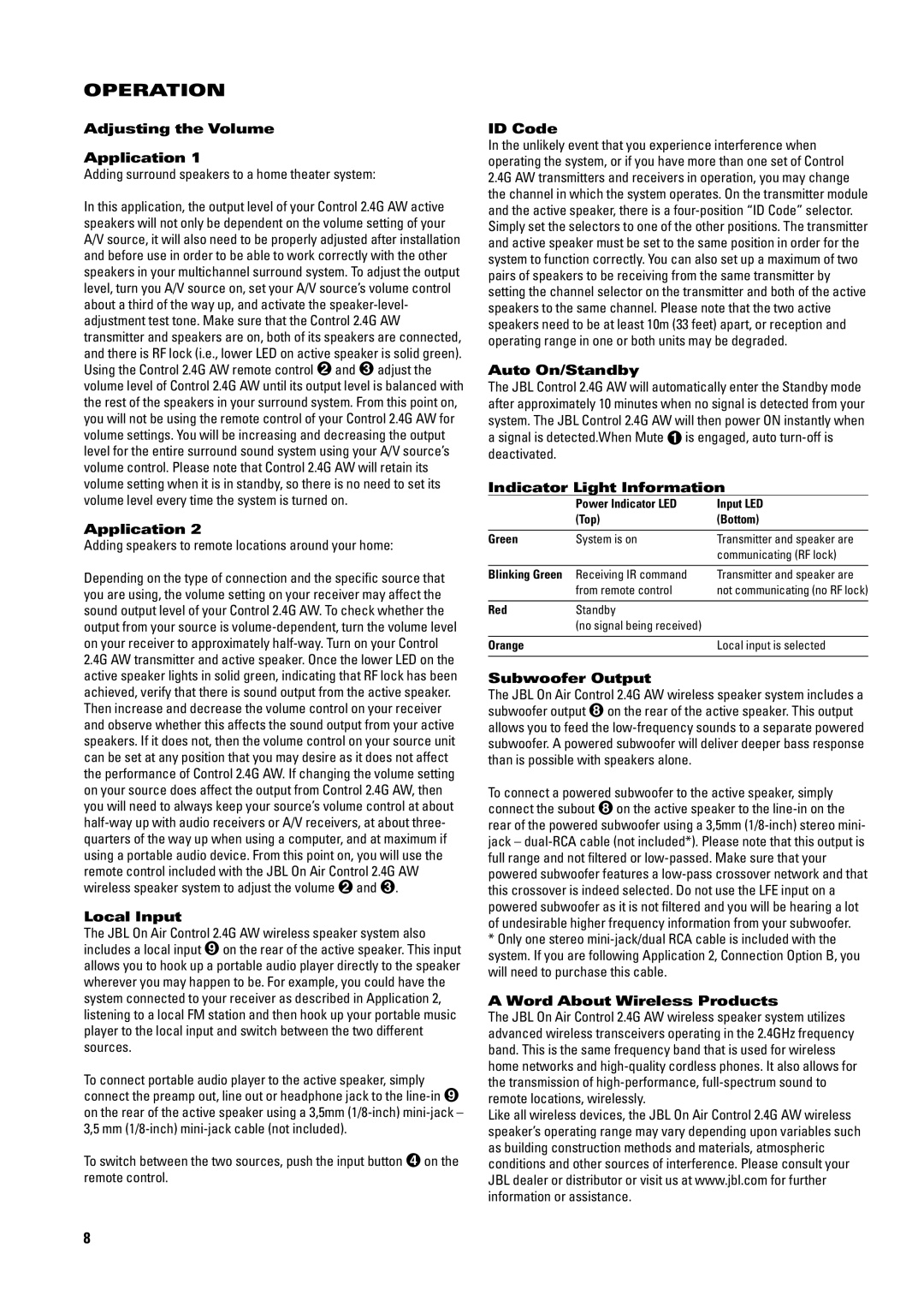 JBL 2.4G AW manual Operation 