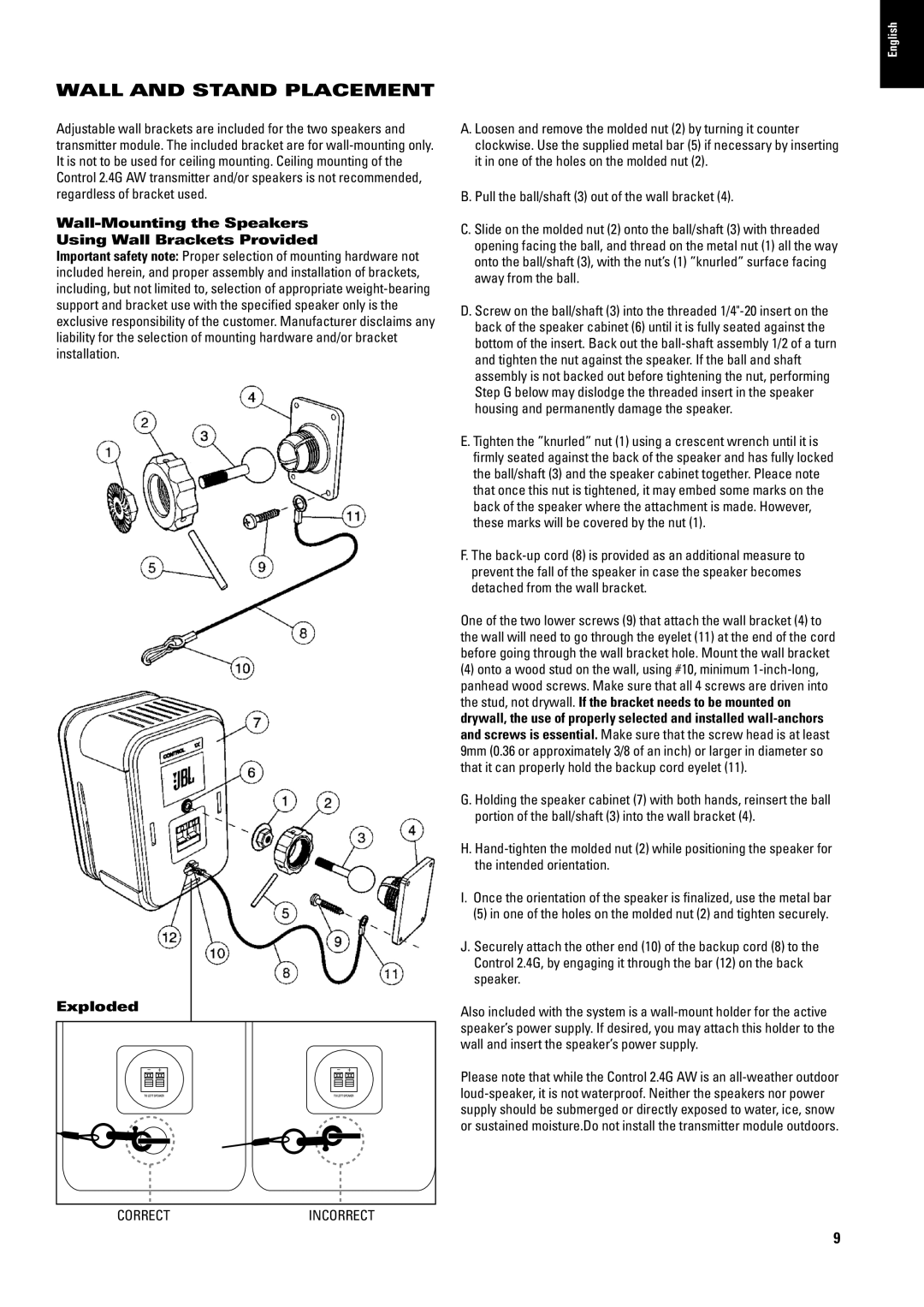 JBL 2.4G AW manual Wall and Stand Placement, Wall-Mounting the Speakers Using Wall Brackets Provided, Exploded 