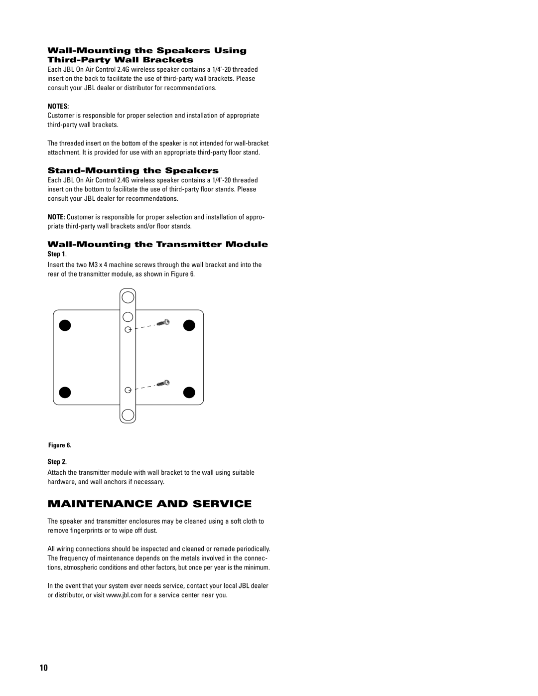 JBL 2.4G Maintenance and Service, Wall-Mounting the Speakers Using Third-Party Wall Brackets, Stand-Mounting the Speakers 