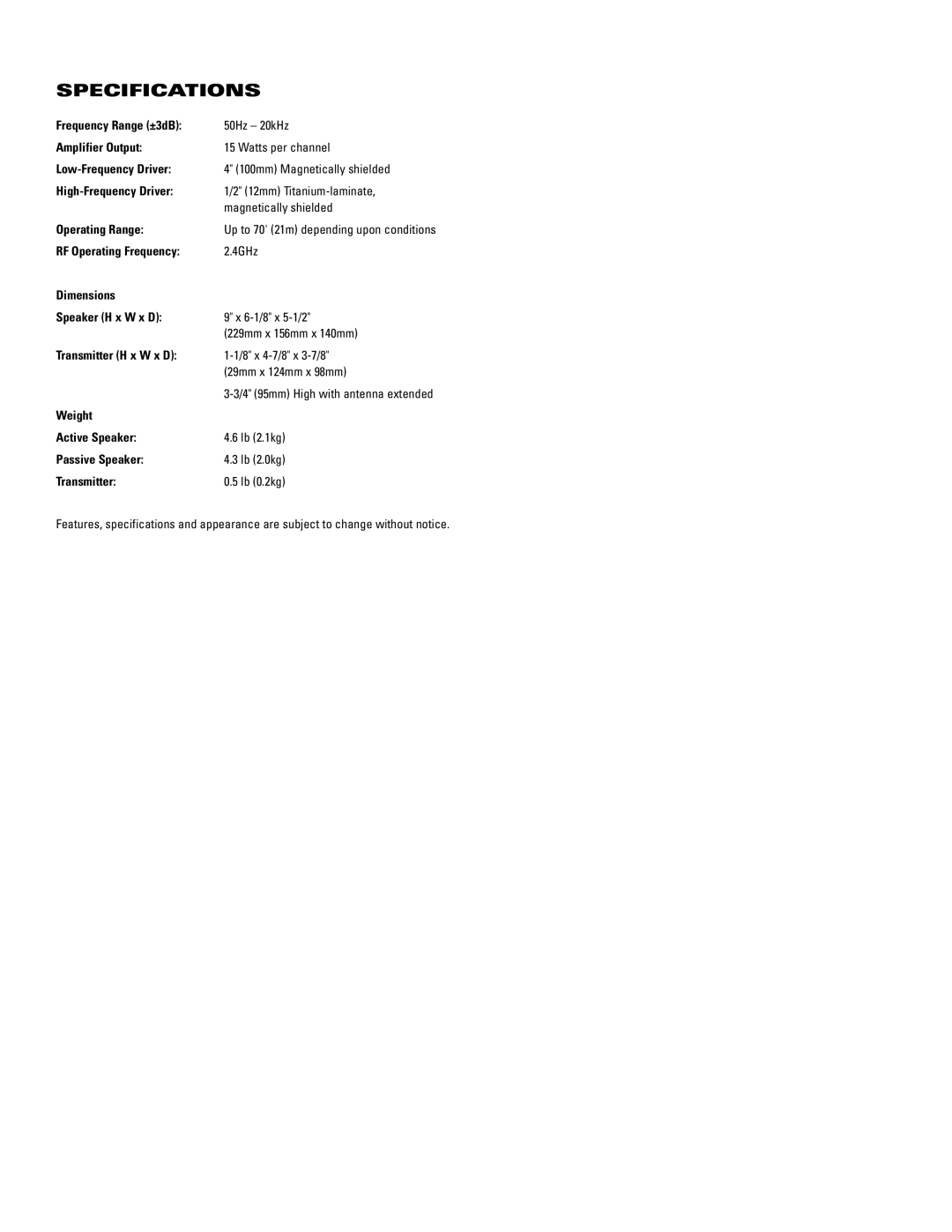 JBL 2.4G manual Specifications 