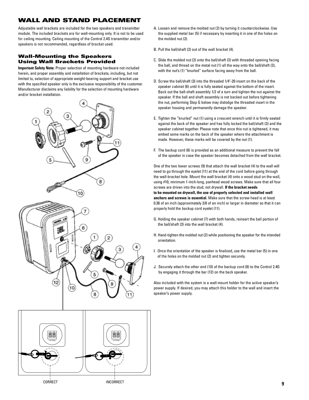 JBL 2.4G manual Wall and Stand Placement, Wall-Mounting the Speakers Using Wall Brackets Provided 