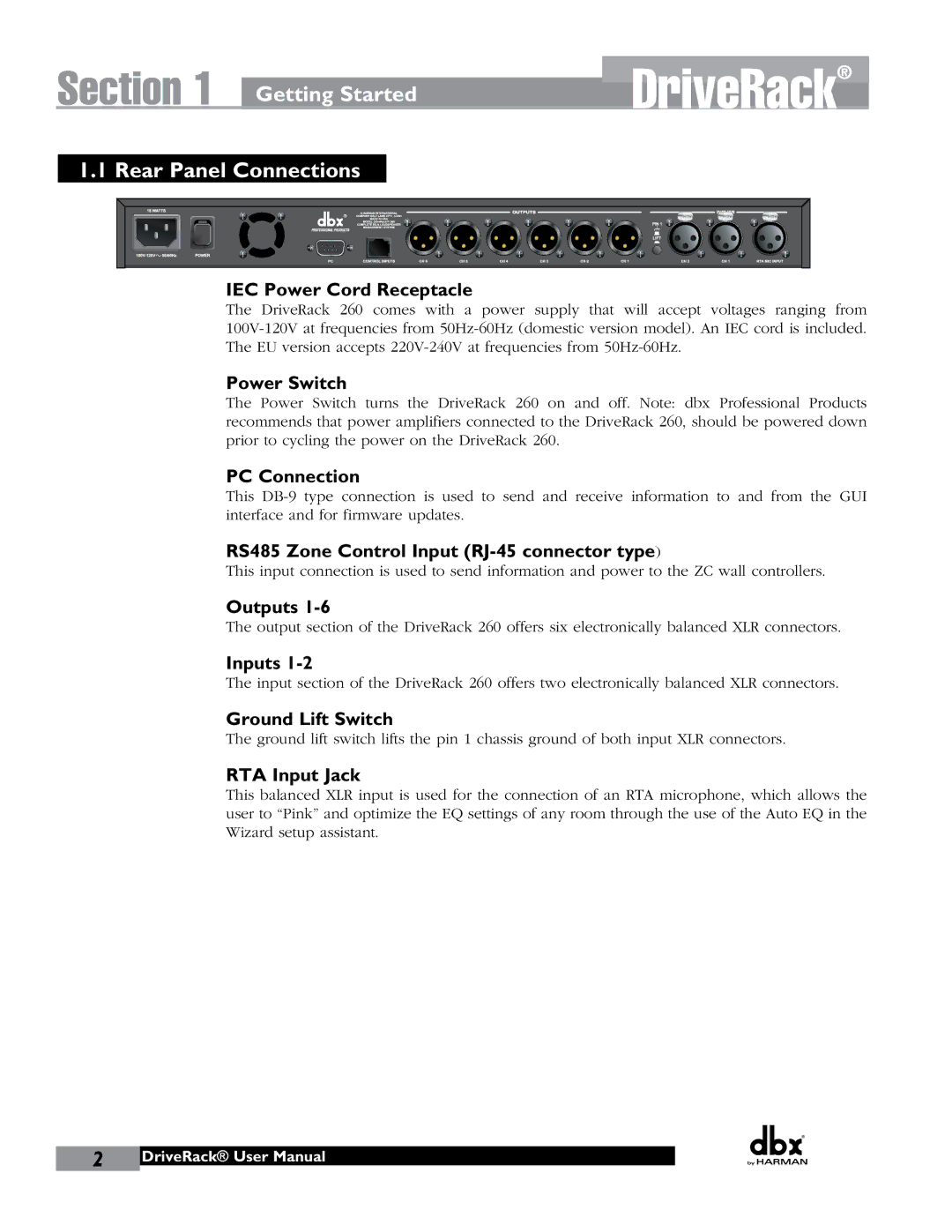 JBL 260 user manual Getting Started Rear Panel Connections 