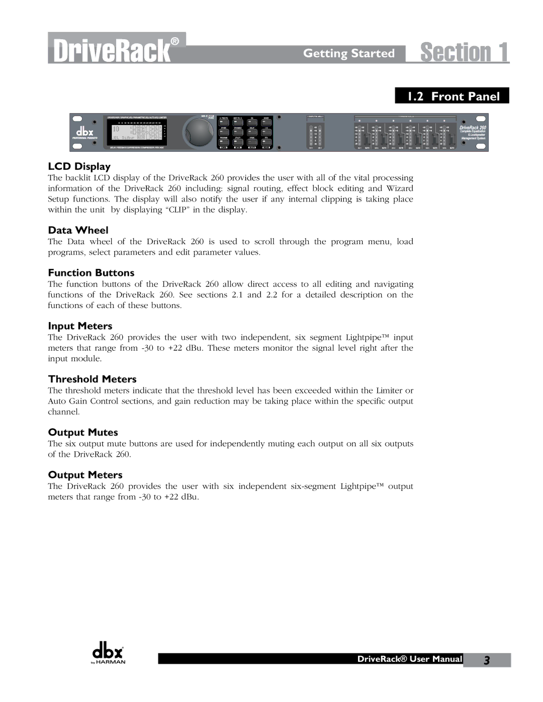 JBL 260 user manual Getting Started Front Panel 