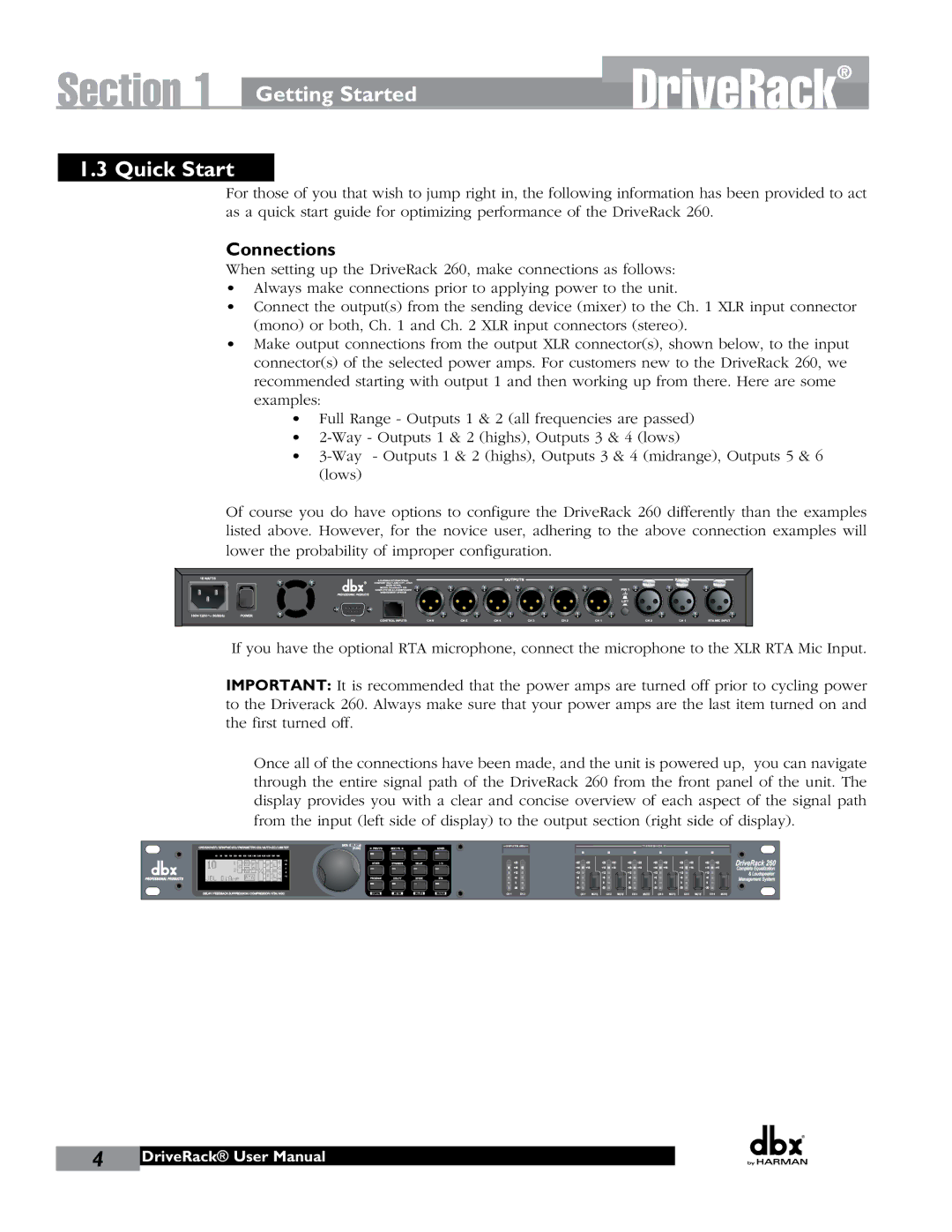 JBL 260 user manual Getting Started Quick Start, Connections 