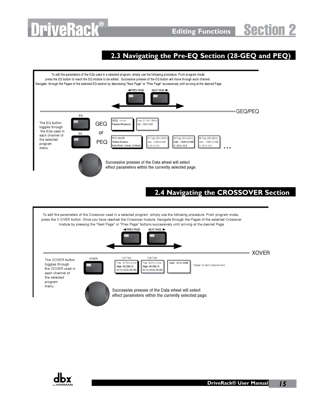 JBL 260 user manual Editing Functions Navigating the Pre-EQ -GEQ and PEQ, Navigating the Crossover Section 