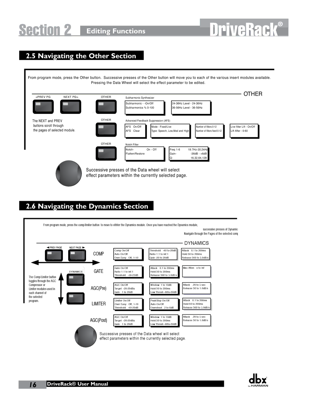 JBL 260 user manual Editing Functions Navigating the Other Section, Navigating the Dynamics Section 