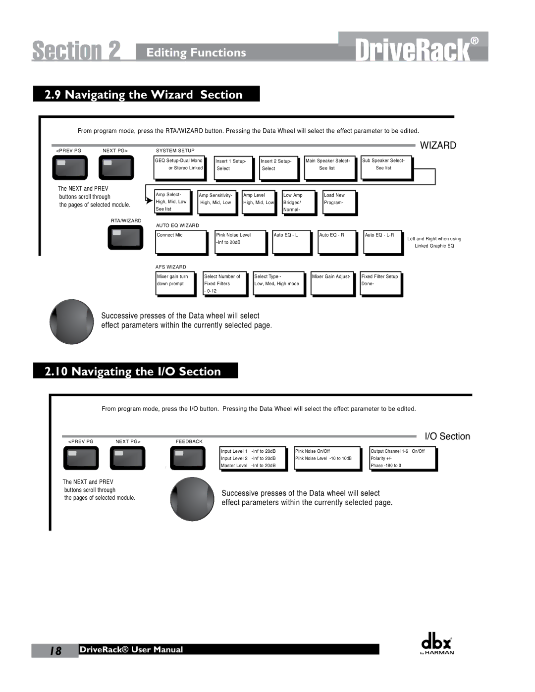 JBL 260 user manual Editing Functions Navigating the Wizard Section, Navigating the I/O Section 