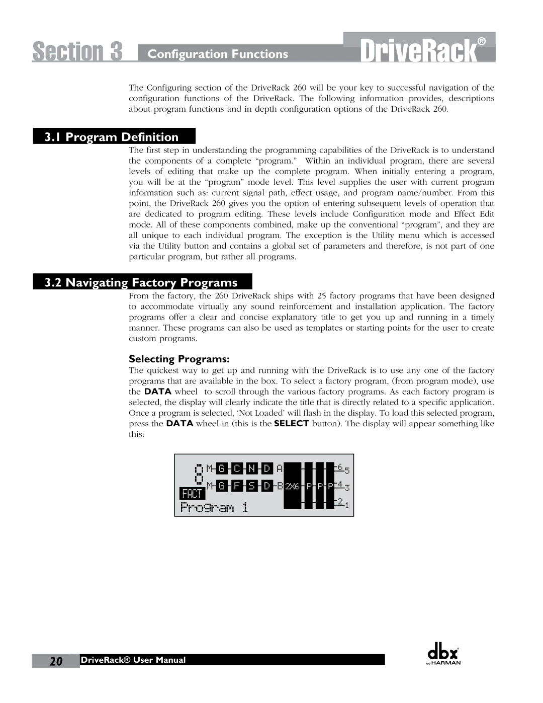 JBL 260 user manual Configuration Functions, Program Definition, Navigating Factory Programs, Selecting Programs 