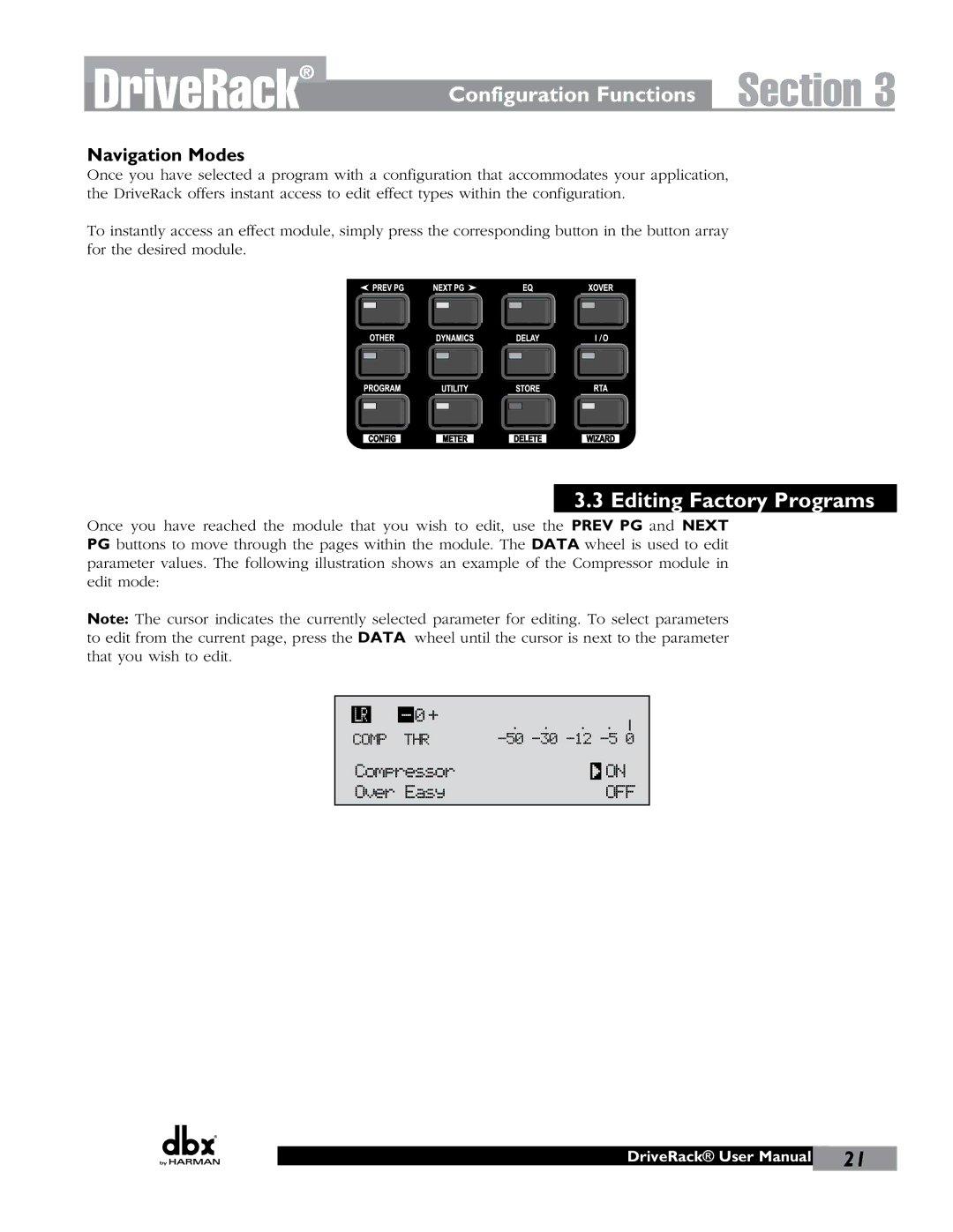 JBL 260 user manual Editing Factory Programs, Navigation Modes 