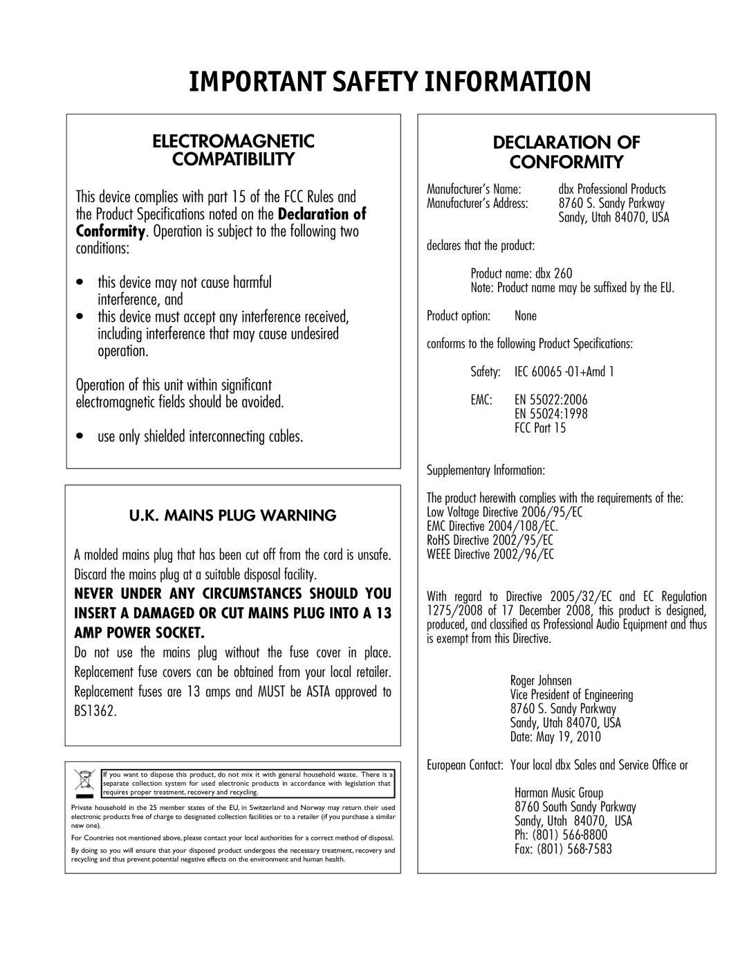 JBL 260 user manual Electromagnetic Compatibility 