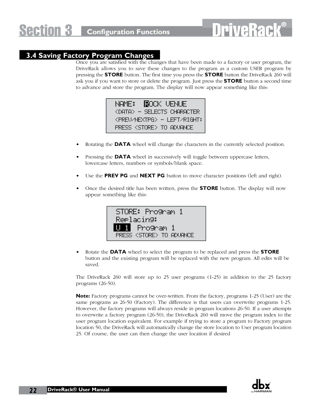 JBL 260 user manual Store Program Replacing, Configuration Functions Saving Factory Program Changes 