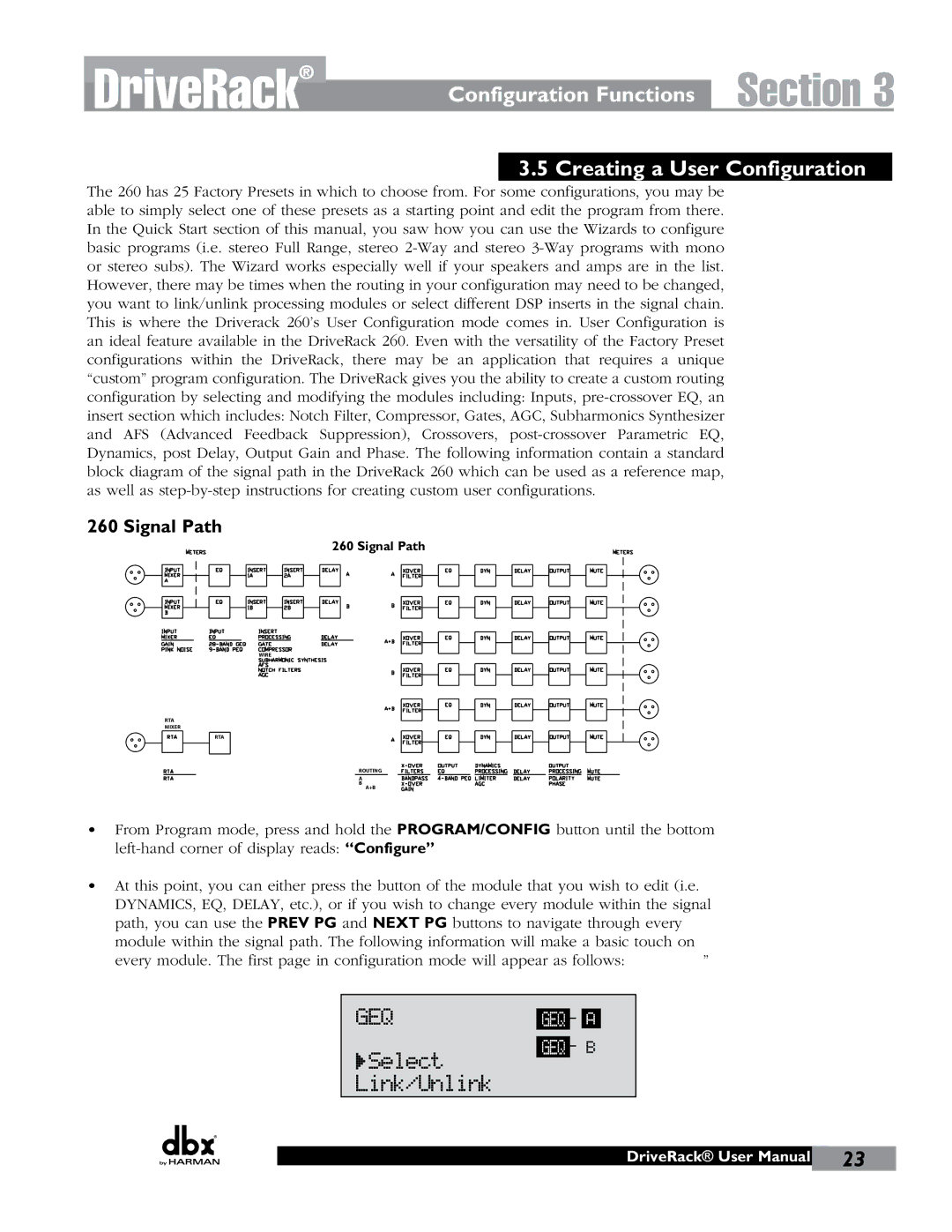 JBL 260 user manual Select, Link/Unlink, Configuration Functions Creating a User Configuration, Signal Path 