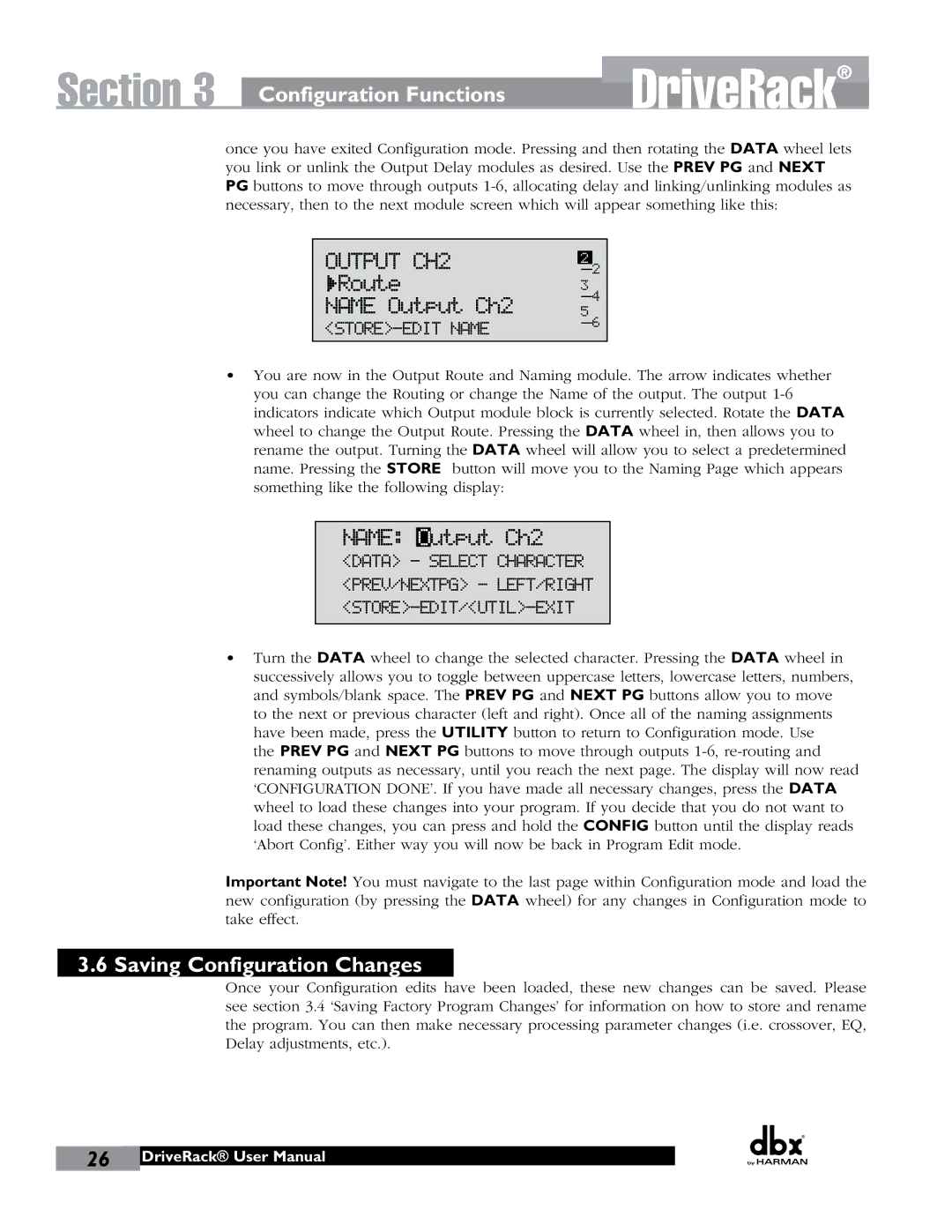 JBL 260 user manual Route Name Output Ch2, Saving Configuration Changes 