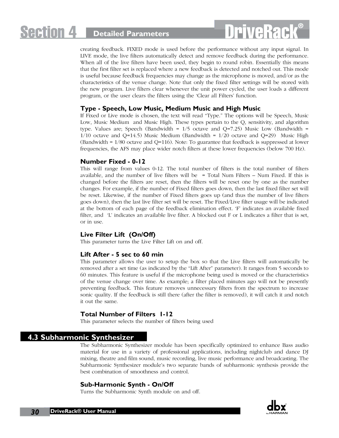 JBL 260 user manual Subharmonic Synthesizer 