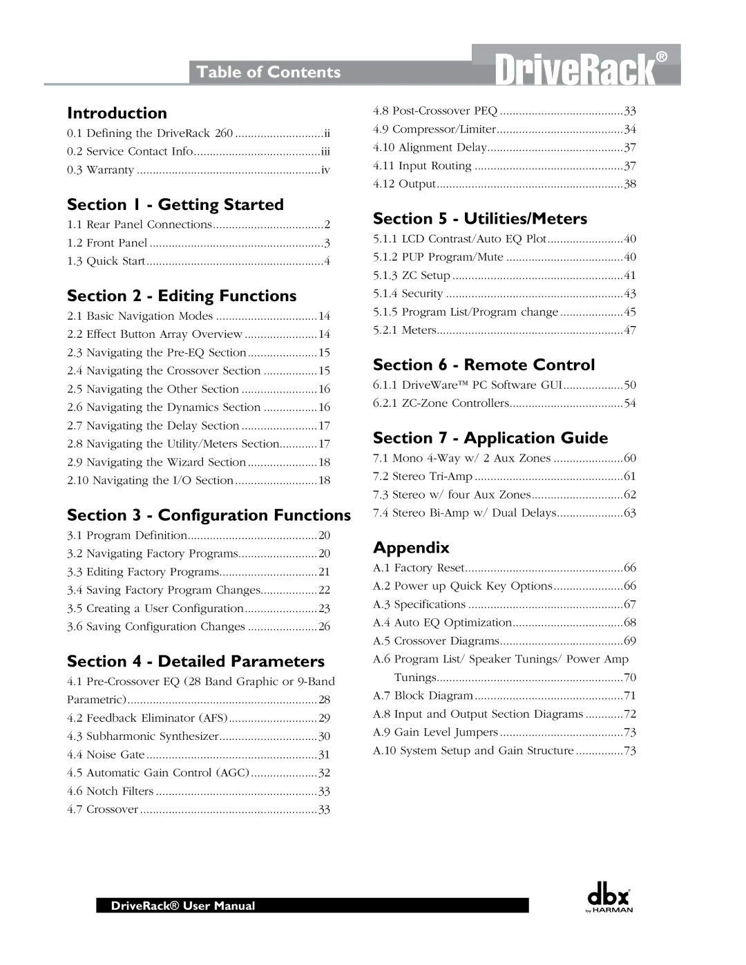 JBL 260 user manual DriveRack, Table of Contents 