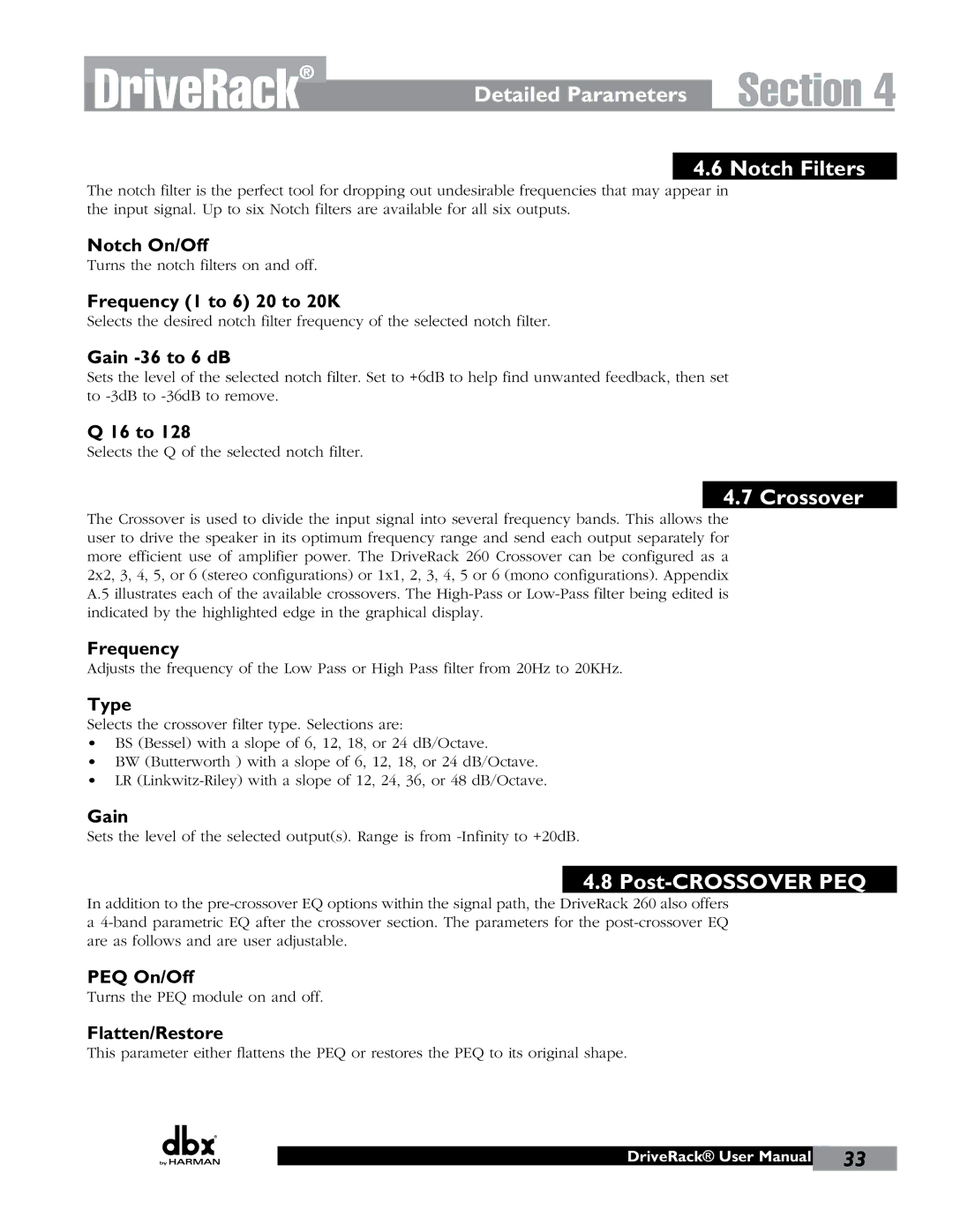 JBL 260 user manual Detailed Parameters Notch Filters, Crossover, Post-CROSSOVER PEQ 