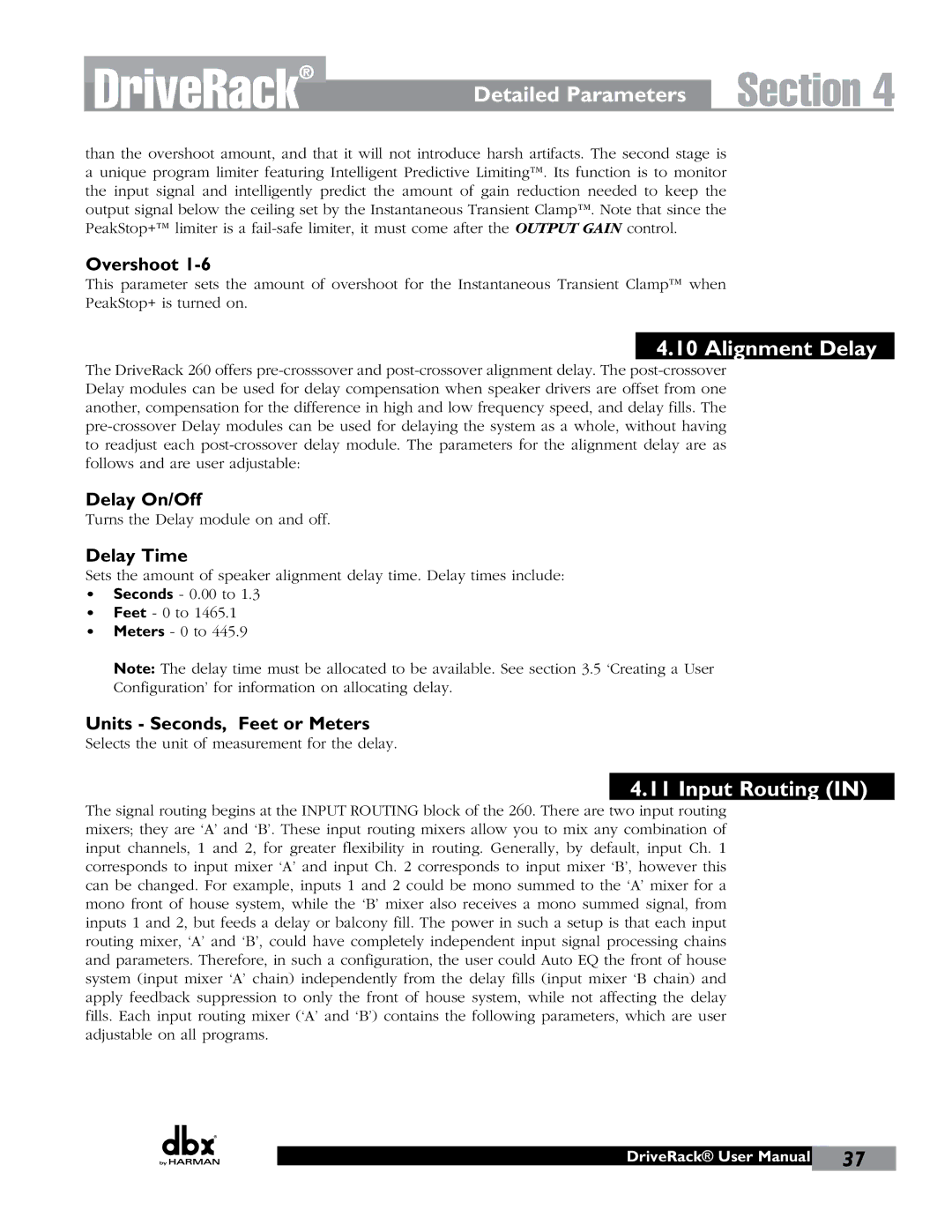 JBL 260 user manual Alignment Delay, Input Routing 