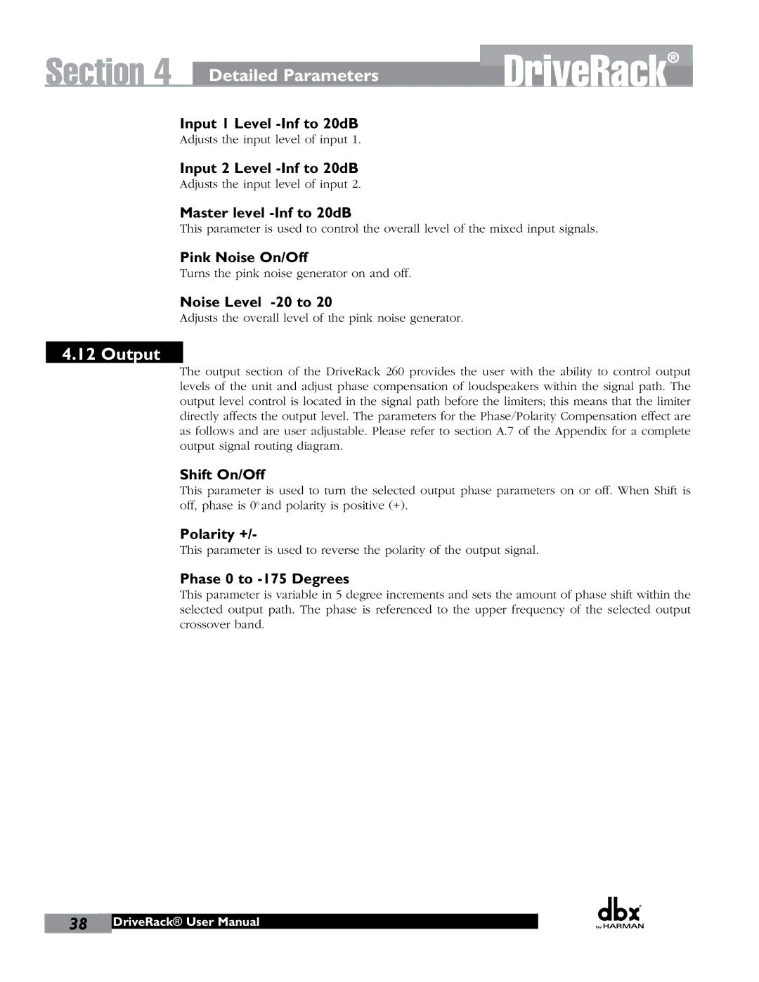 JBL 260 user manual Output 