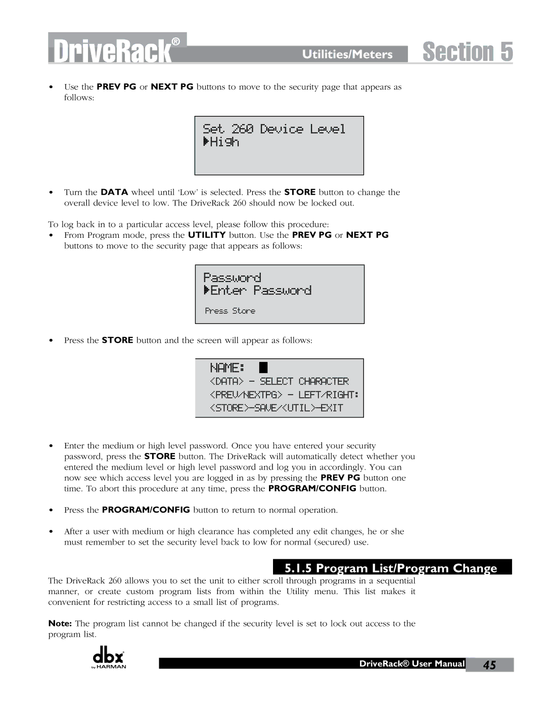 JBL user manual Set 260 Device Level High, Password Enter Password, Program List/Program Change 