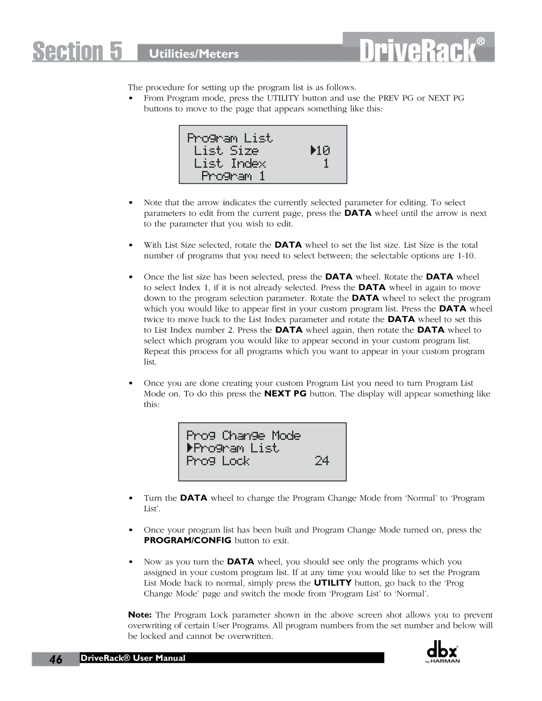 JBL 260 user manual Prog Change Mode Program List Prog Lock 