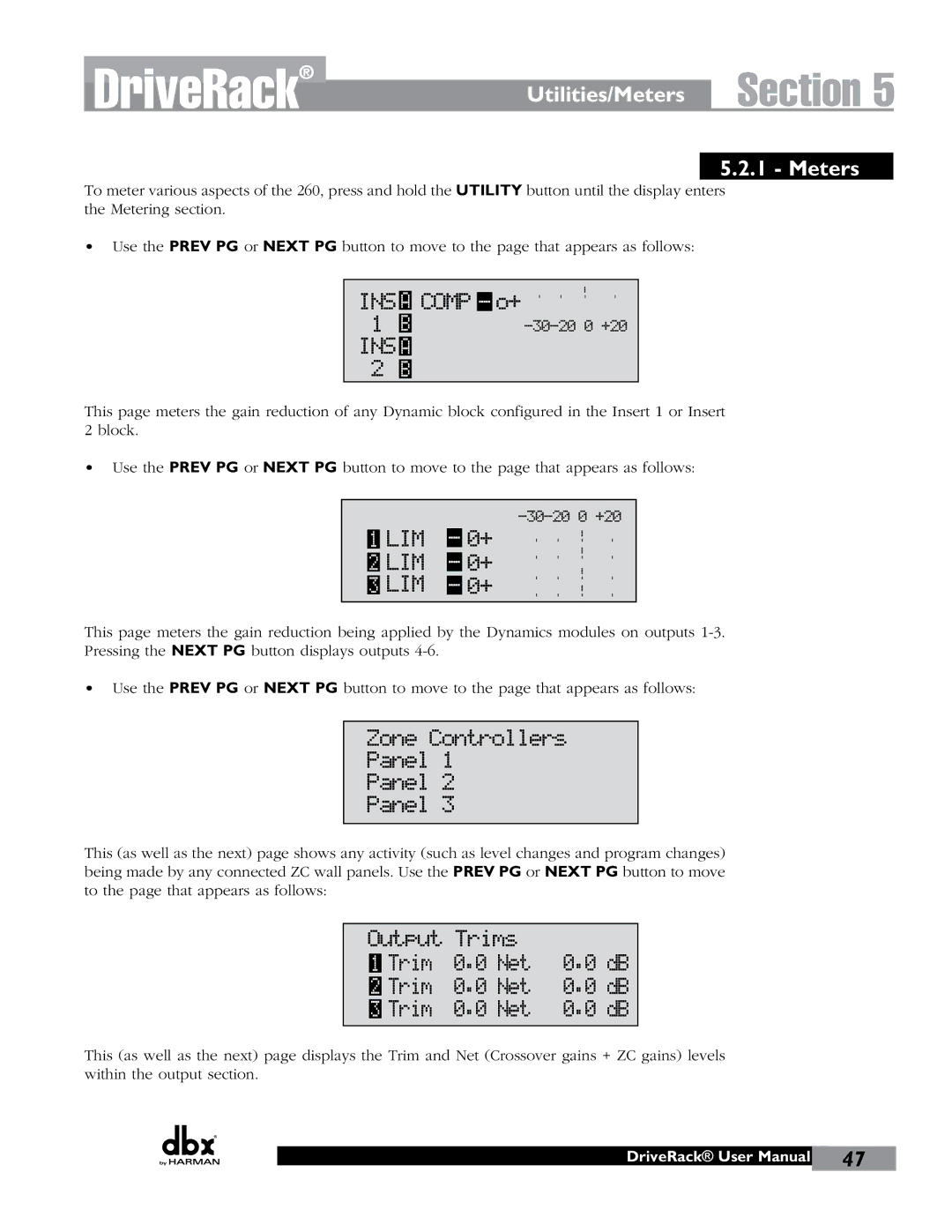 JBL 260 user manual INS a Comp o+, LIM 0+, Zone Controllers Panel, Output Trims Net 