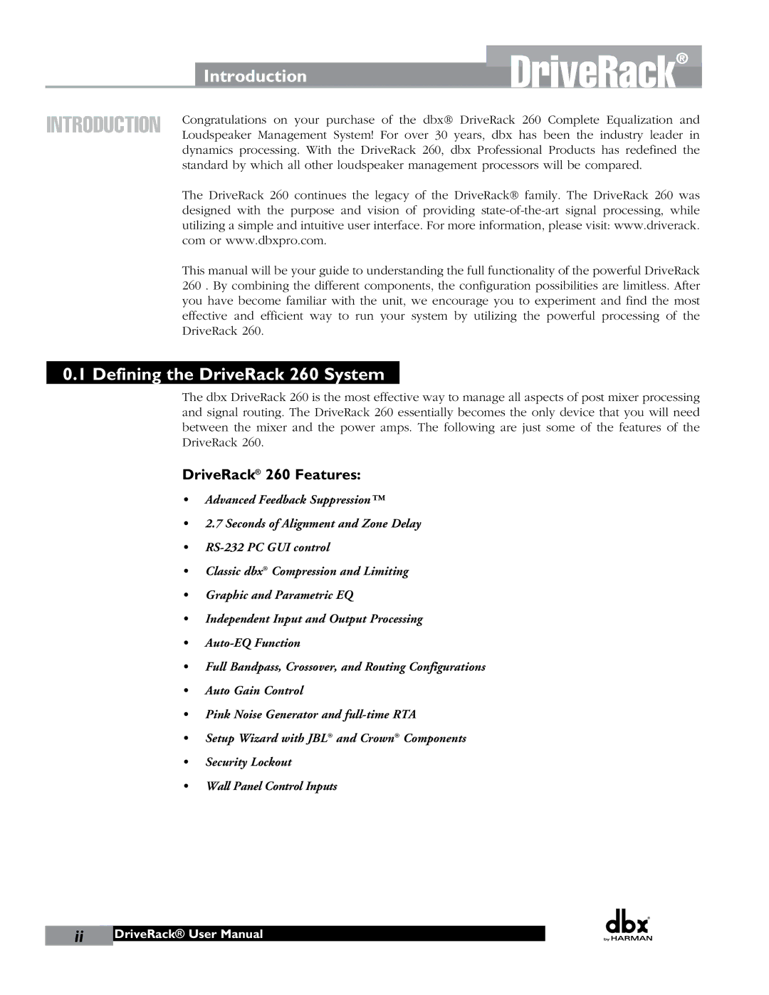 JBL user manual Introduction, Defining the DriveRack 260 System, DriveRack 260 Features 