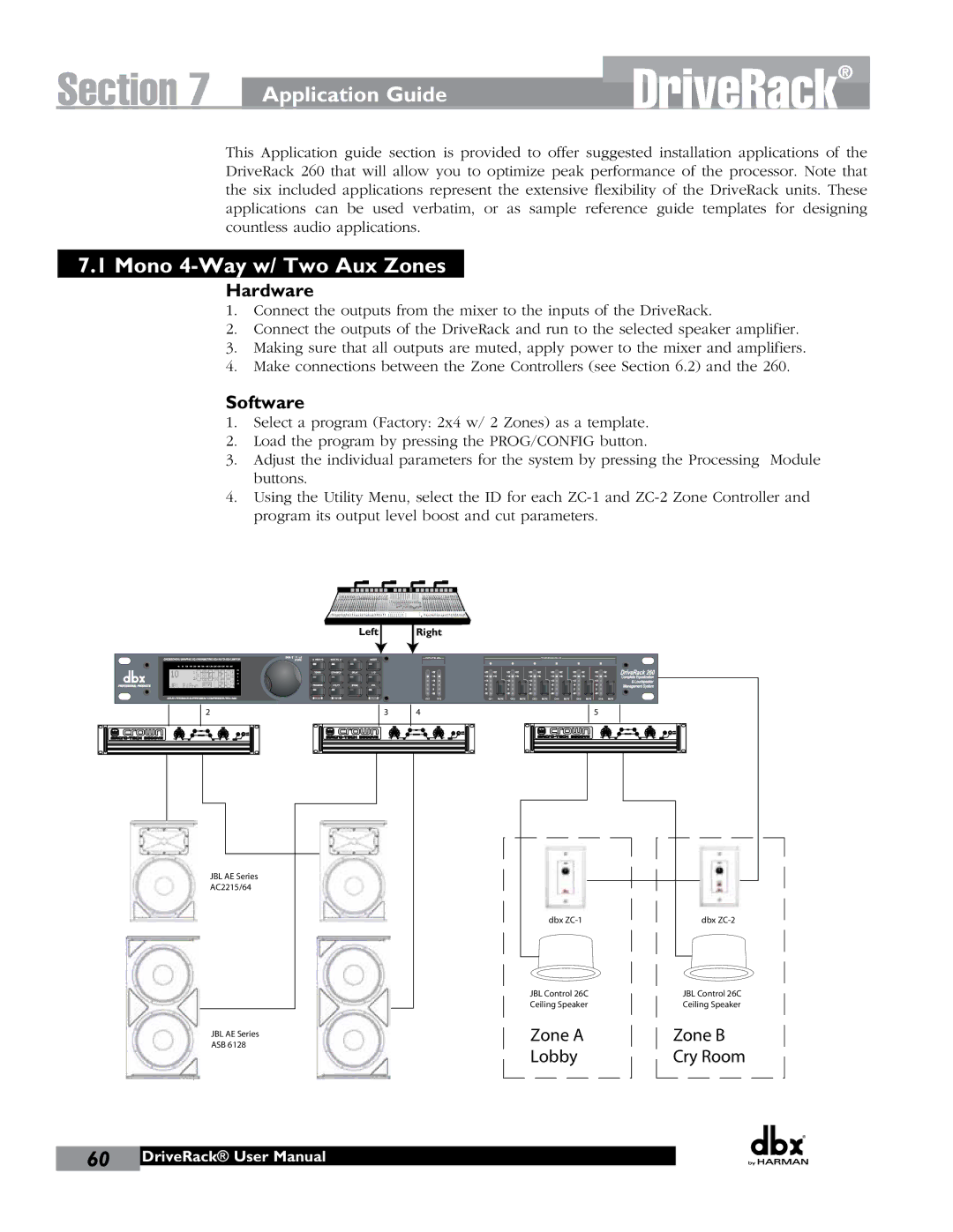 JBL 260 user manual Application Guide, Mono 4-Way w/ Two Aux Zones, Hardware, Software 