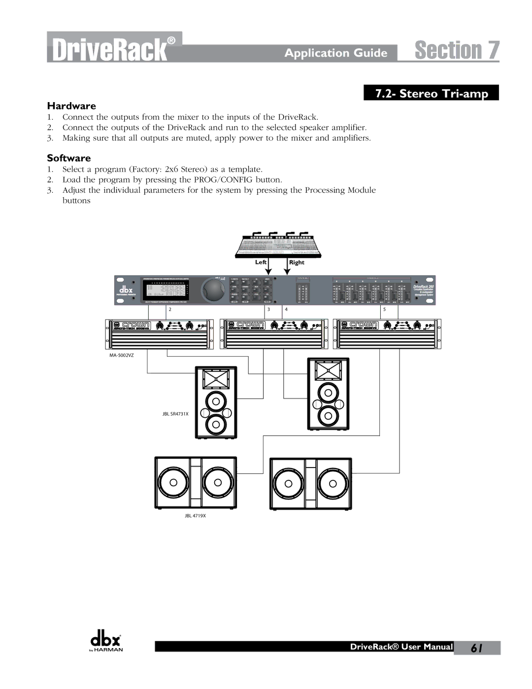 JBL 260 user manual Application Guide Stereo Tri-amp 