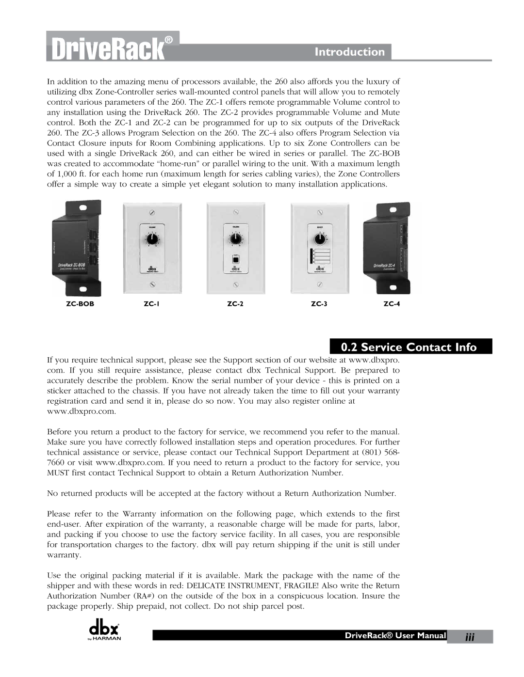 JBL 260 user manual DriveRackIntroduction, Service Contact Info 