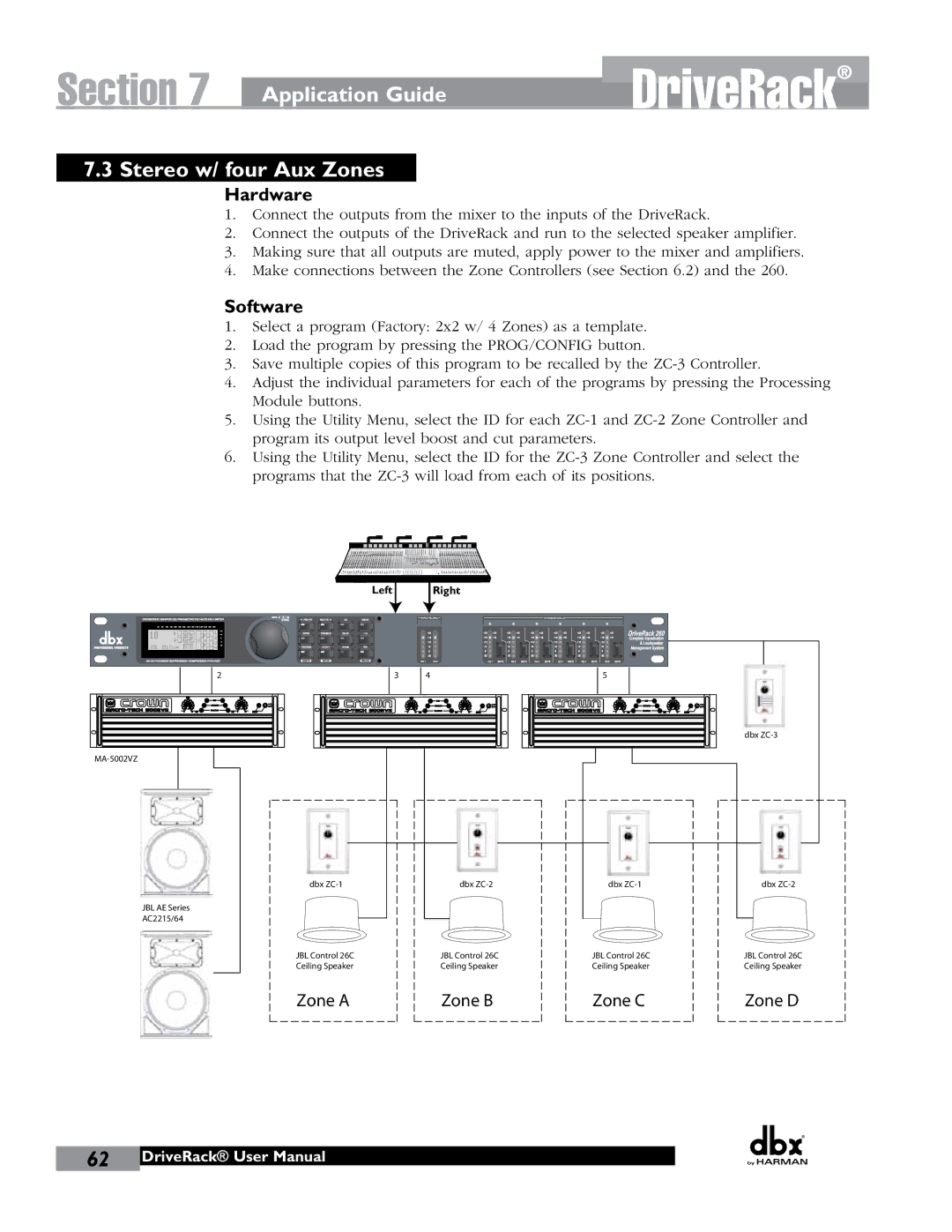 JBL 260 user manual Application Guide Stereo w/ four Aux Zones 