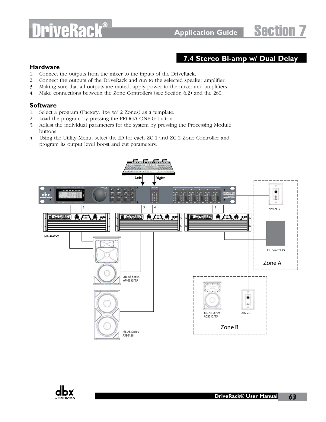 JBL 260 user manual Application Guide Stereo Bi-amp w/ Dual Delay 