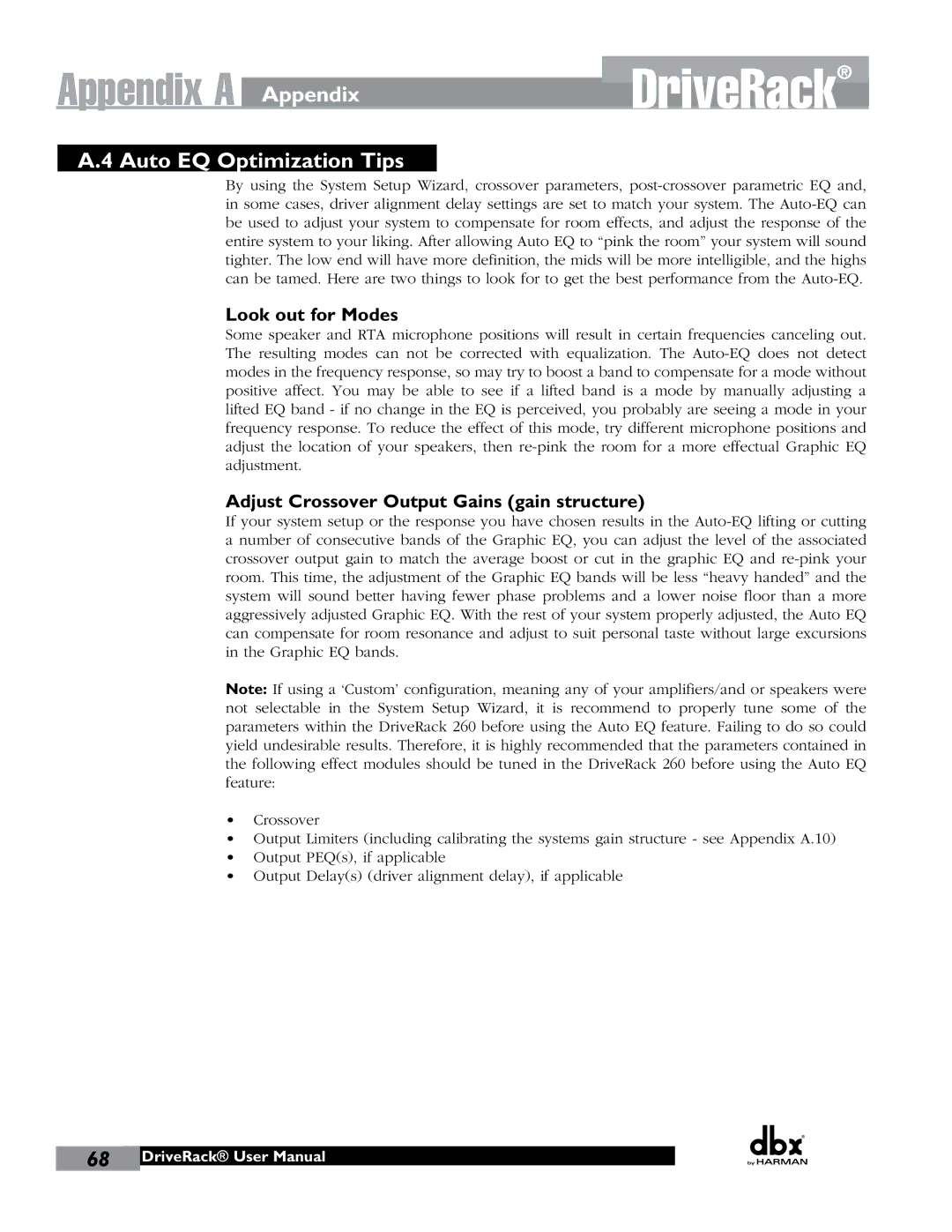 JBL 260 user manual Appendix Auto EQ Optimization Tips, Look out for Modes, Adjust Crossover Output Gains gain structure 