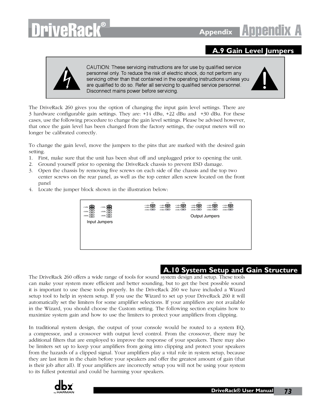 JBL 260 user manual Appendix Gain Level Jumpers, System Setup and Gain Structure 