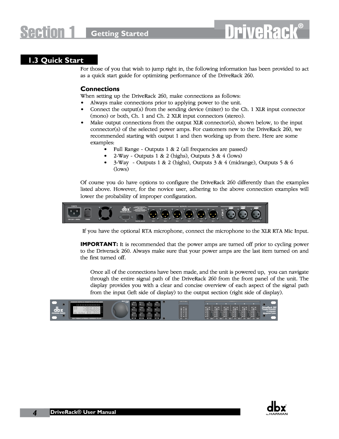 JBL 260 user manual Section, Getting Started, Quick Start, Connections, DriveRack User Manual 
