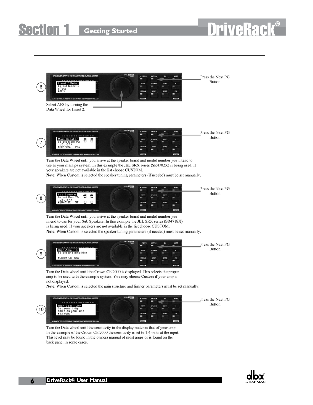 JBL 260 user manual Section, Getting Started, DriveRack User Manual 