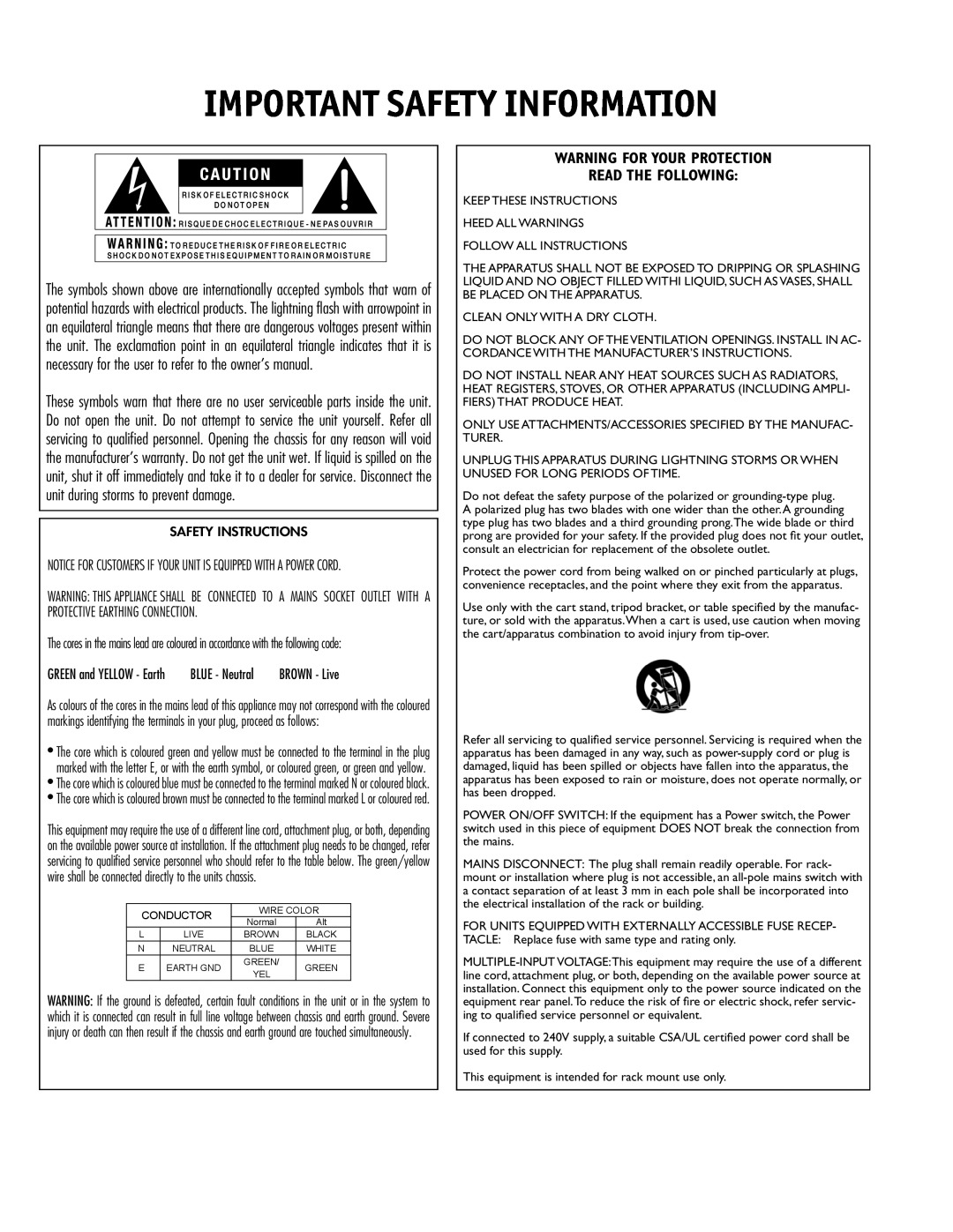 JBL 260 user manual Important Safety Information, Warning For Your Protection Read The Following 