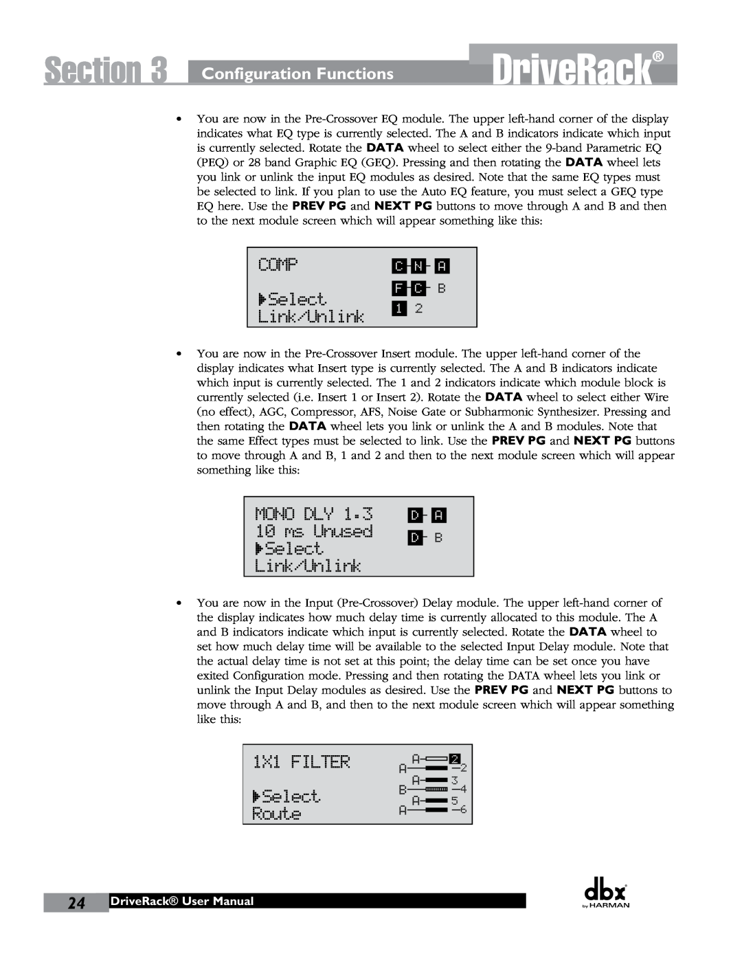 JBL 260 user manual Section, Configuration Functions, A A2, DriveRack User Manual, Cna Fcb, Da Db 