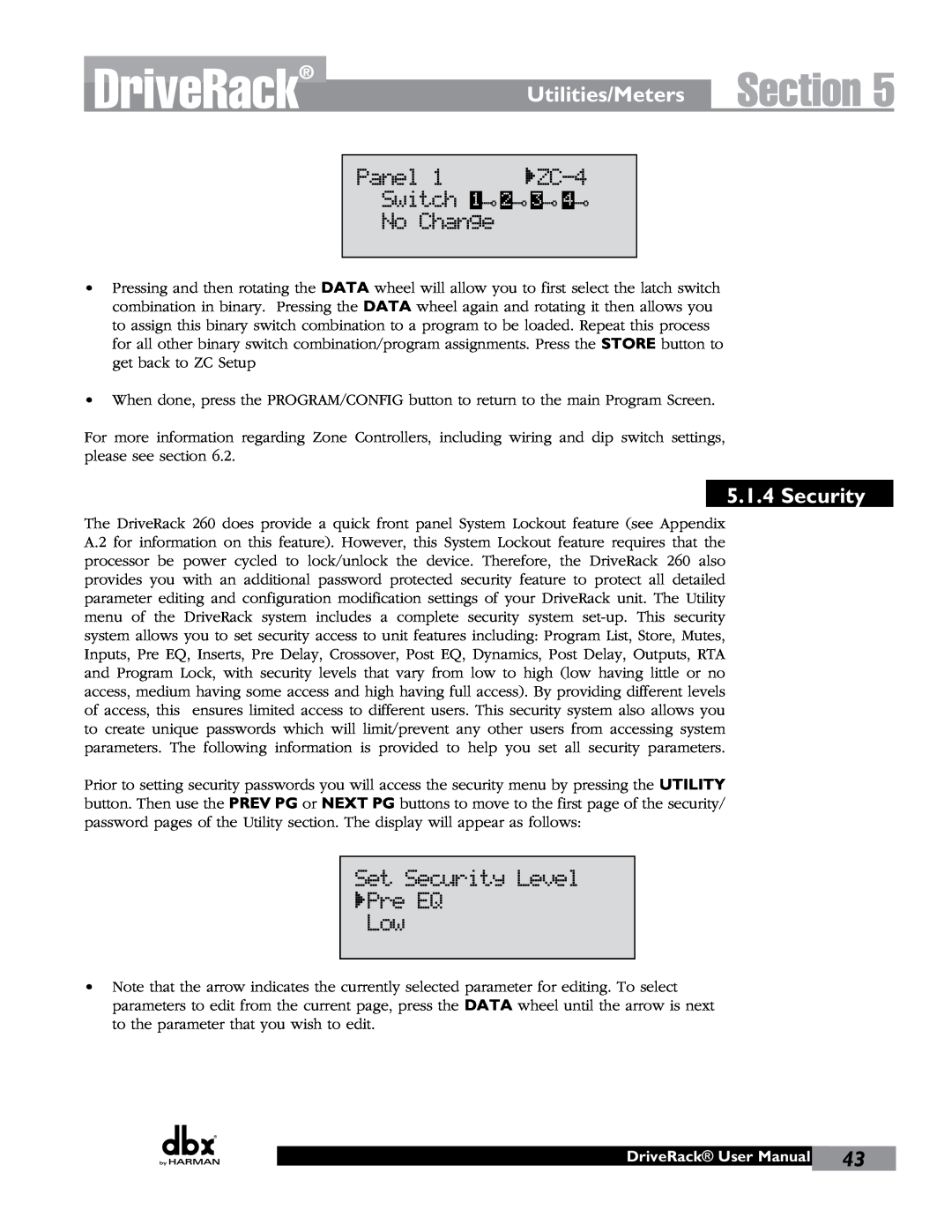 JBL 260 user manual Section, Utilities/Meters, Security, DriveRack User Manual 