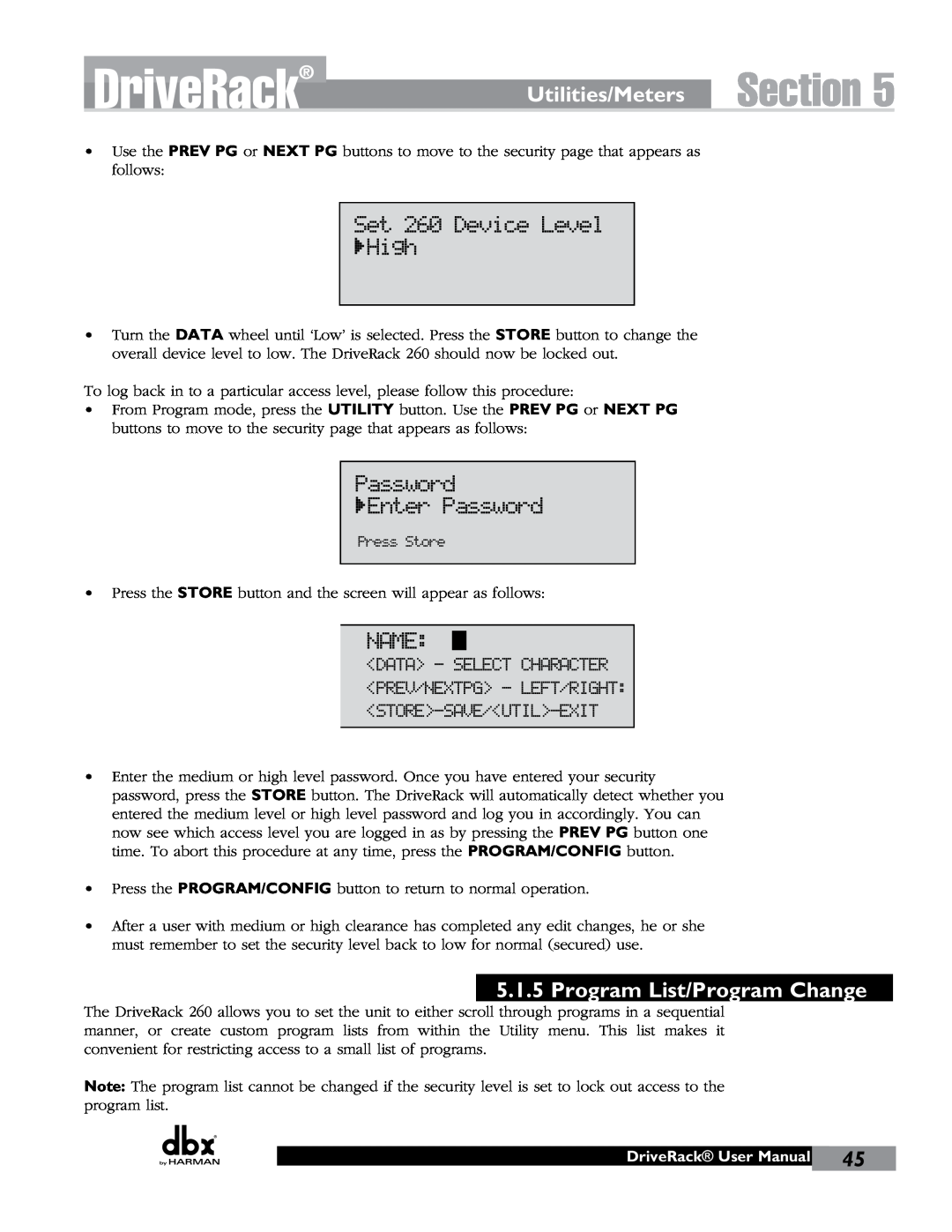 JBL 260 user manual Section, Utilities/Meters, Program List/Program Change, DriveRack User Manual 