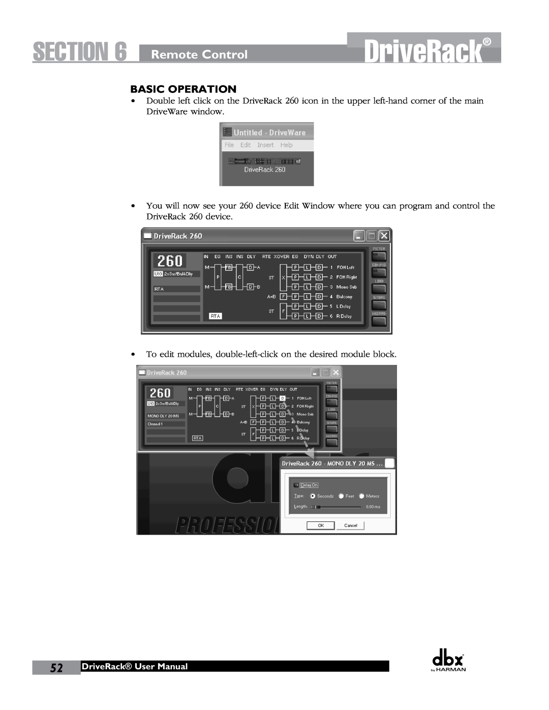JBL 260 user manual Section, Remote Control, Basic Operation, DriveRack User Manual 