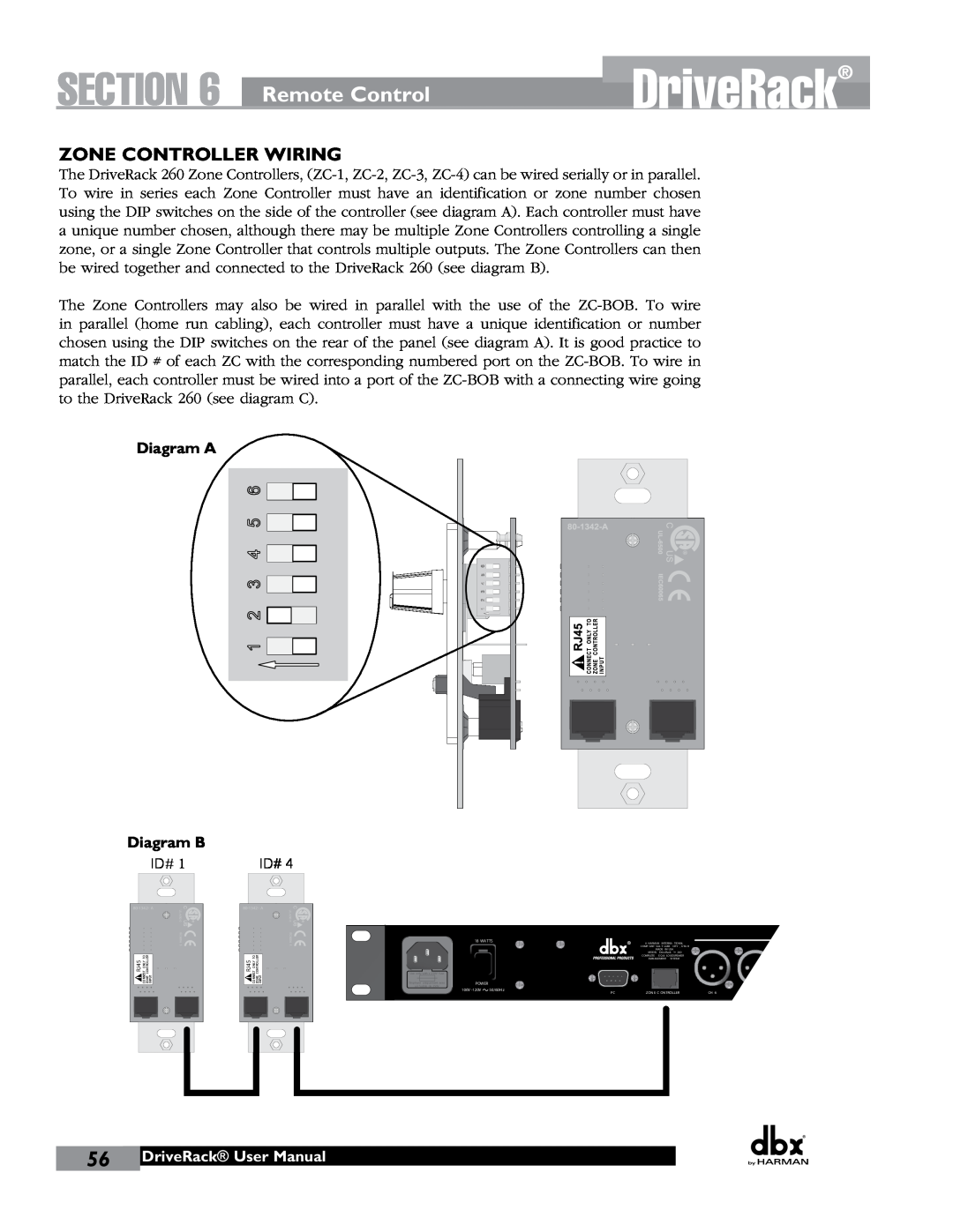 JBL 260 Section, Remote Control, Zone Controller Wiring, Diagram A Diagram B, DriveRack User Manual, 80-1342-A, Wa Tts 