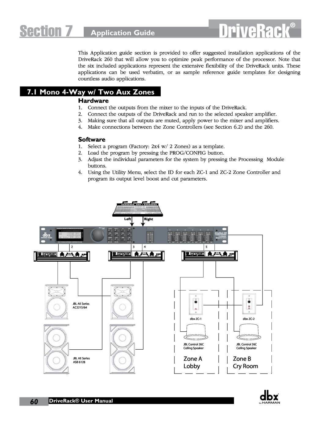 JBL 260 user manual Section, Application Guide, Mono 4-Wayw/ Two Aux Zones, Hardware, Software, DriveRack User Manual 
